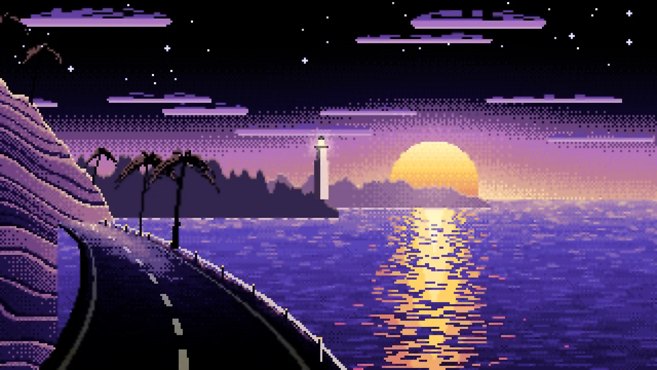 Black Pixel Art Ocean Road at Sunset desktop wallpaper in 4K