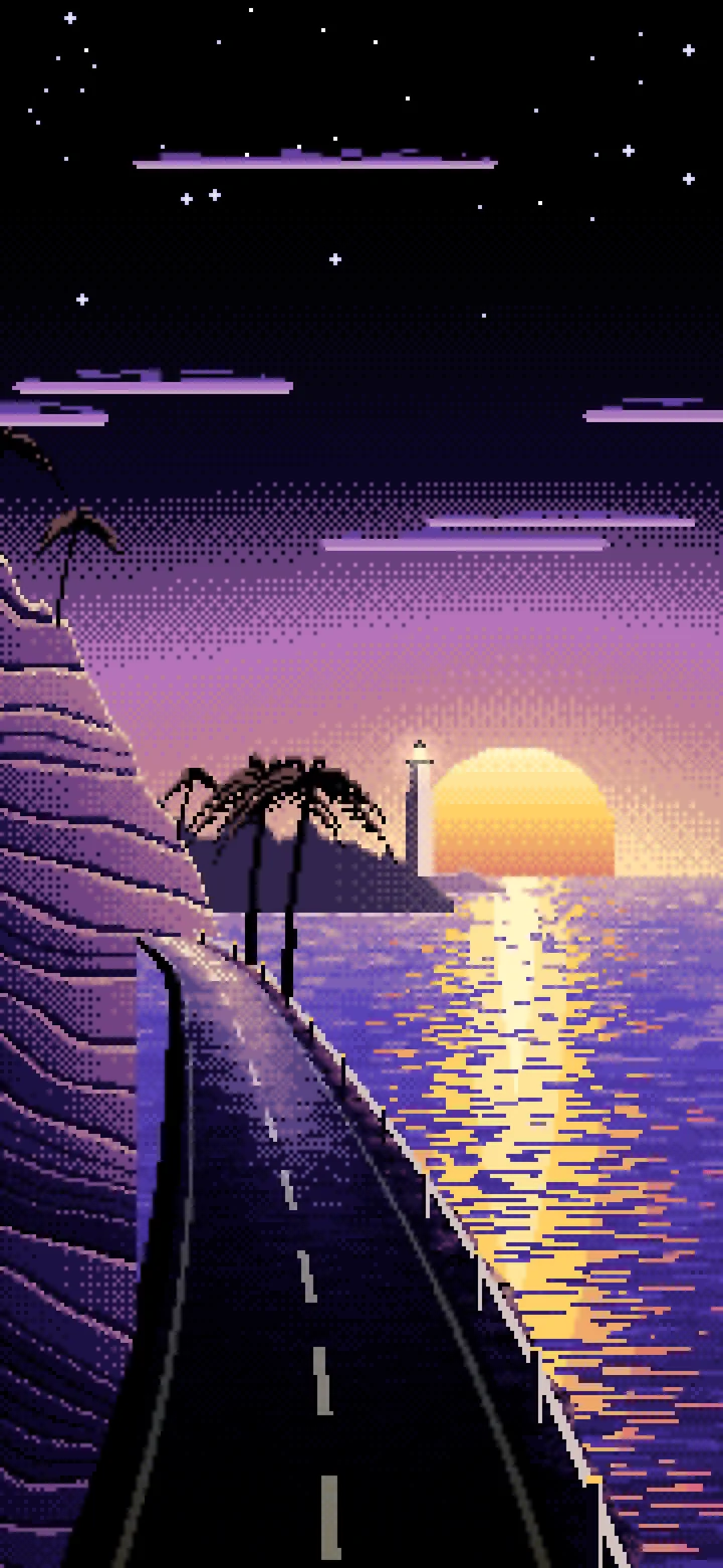 Black Pixel Art Ocean Road at Sunset wallpaper for iPhone and Android
