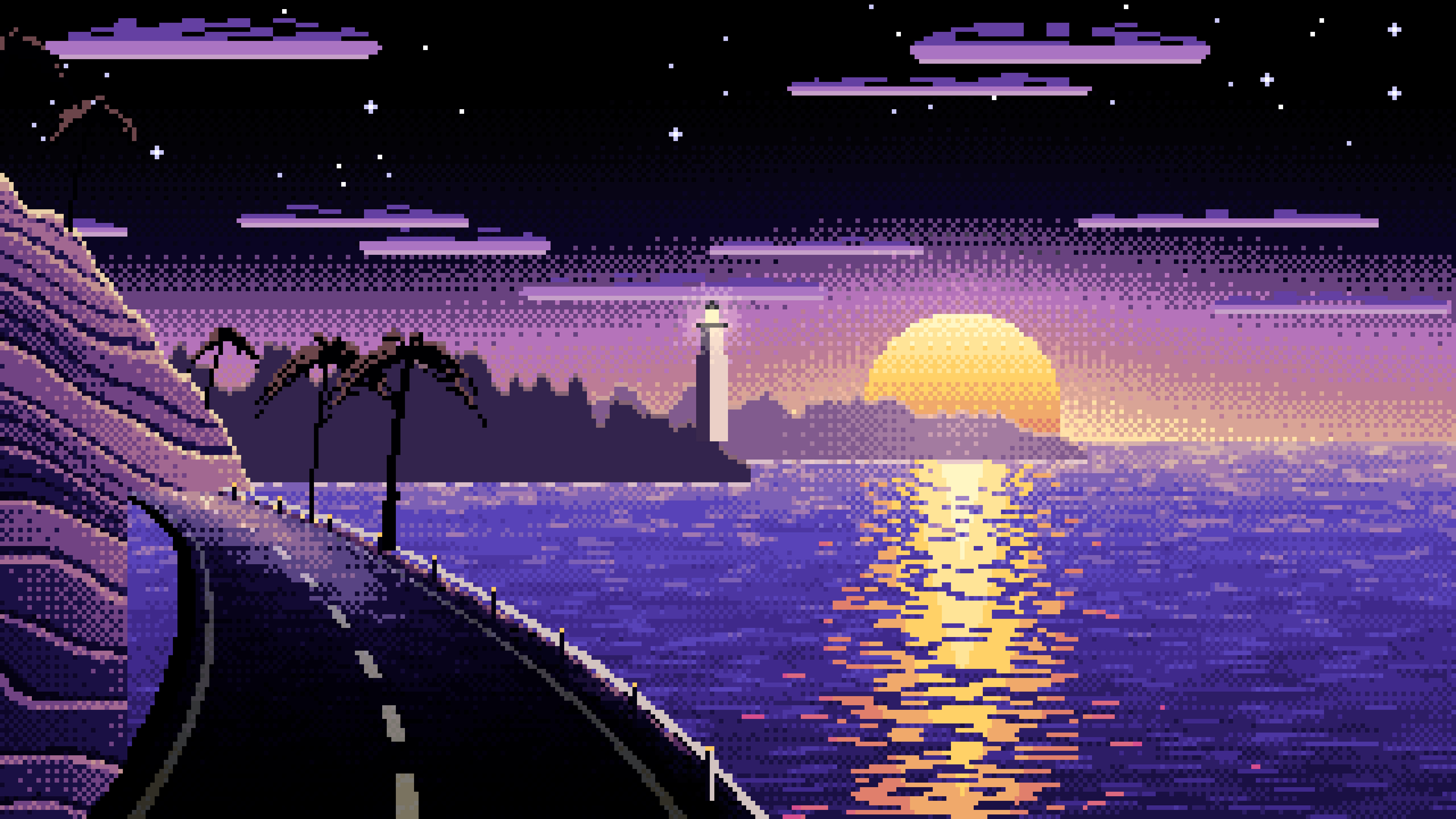 Black Pixel Art Ocean Road at Sunset desktop wallpaper in 4K