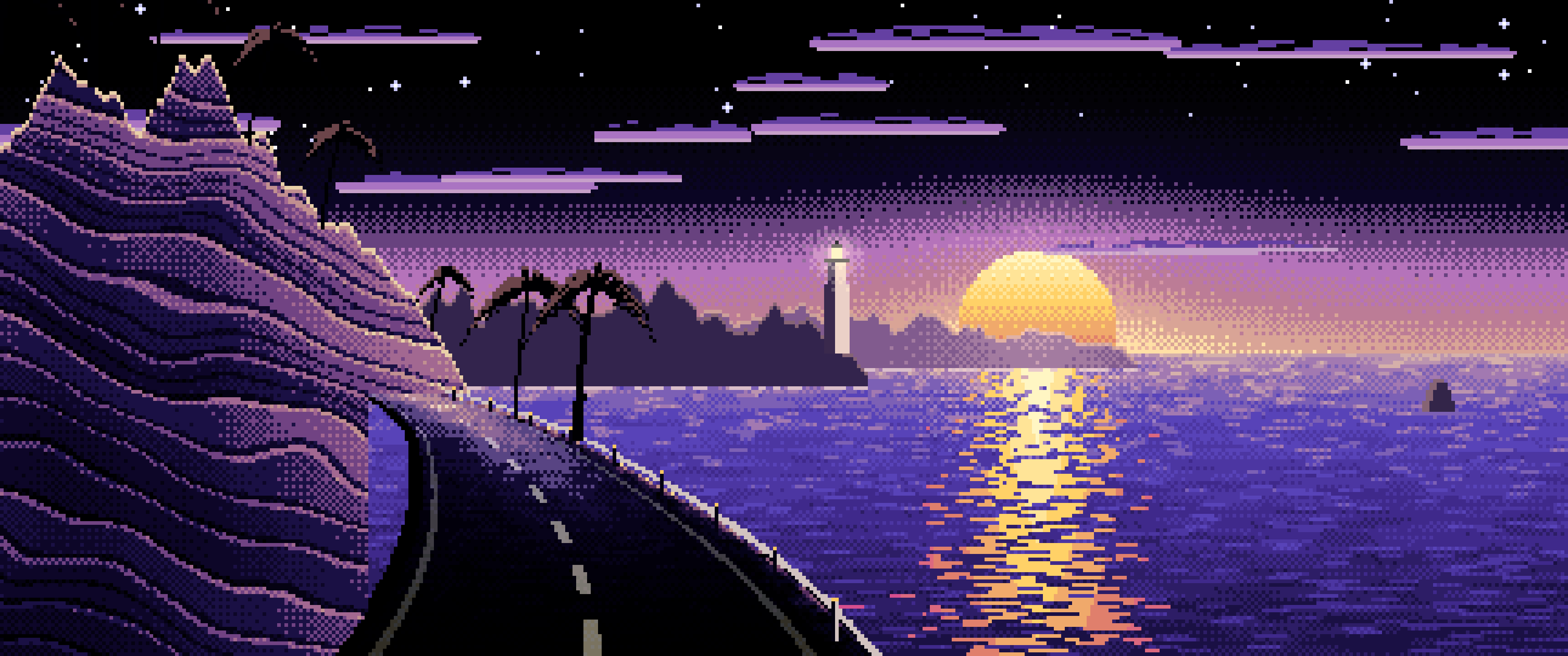 Black Pixel Art Ocean Road at Sunset ultrawide wallpaper, 3440 × 1440