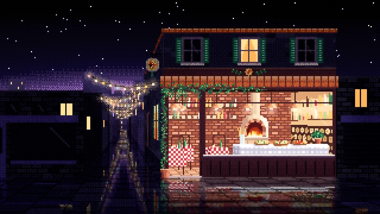 Black Pixel Art Pizzeria desktop wallpaper in 4K