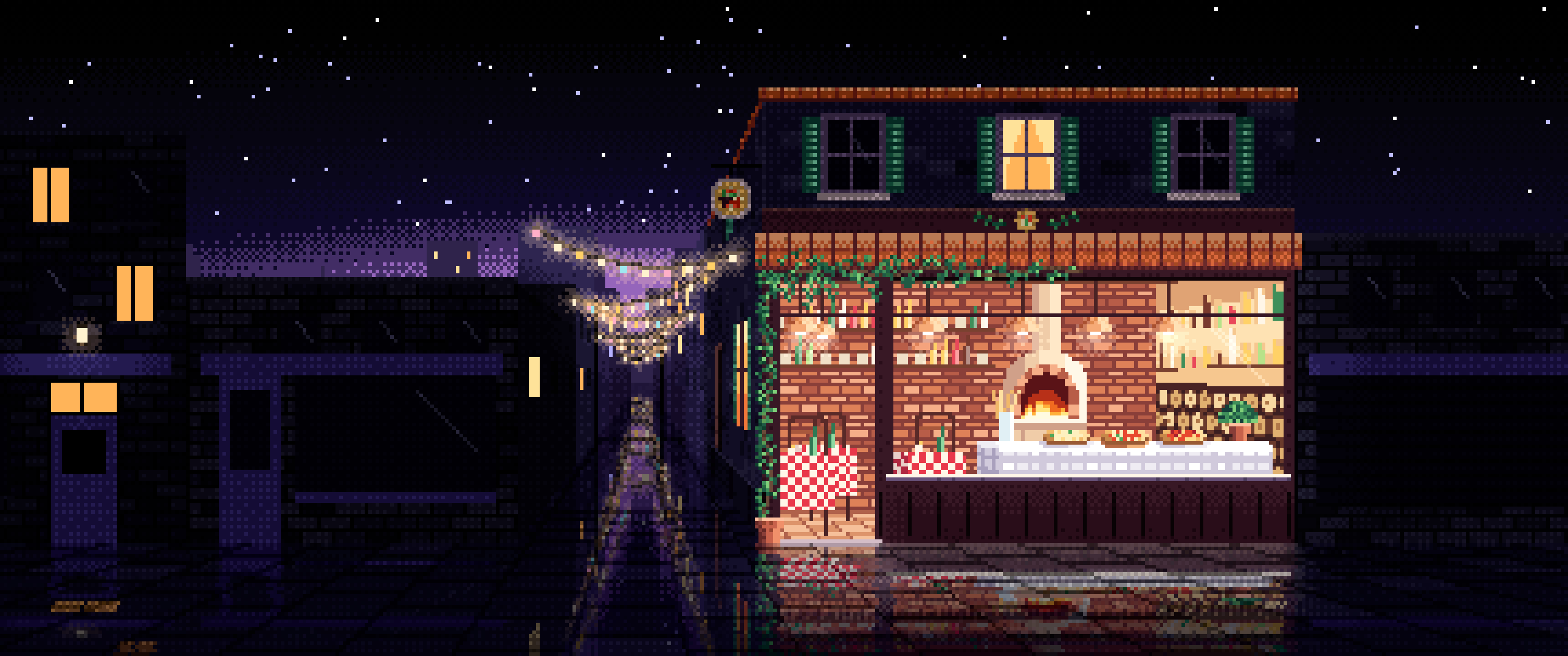 Black Pixel Art Pizzeria ultrawide wallpaper, 3440 × 1440