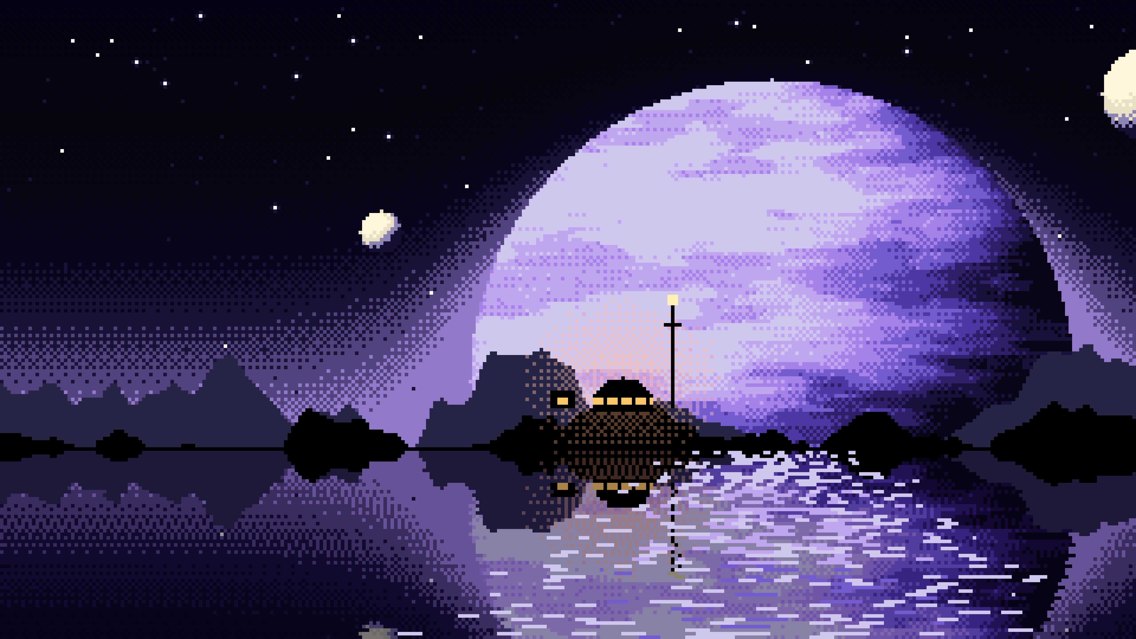 Black Pixel Art Planet Rise desktop wallpaper in 4K