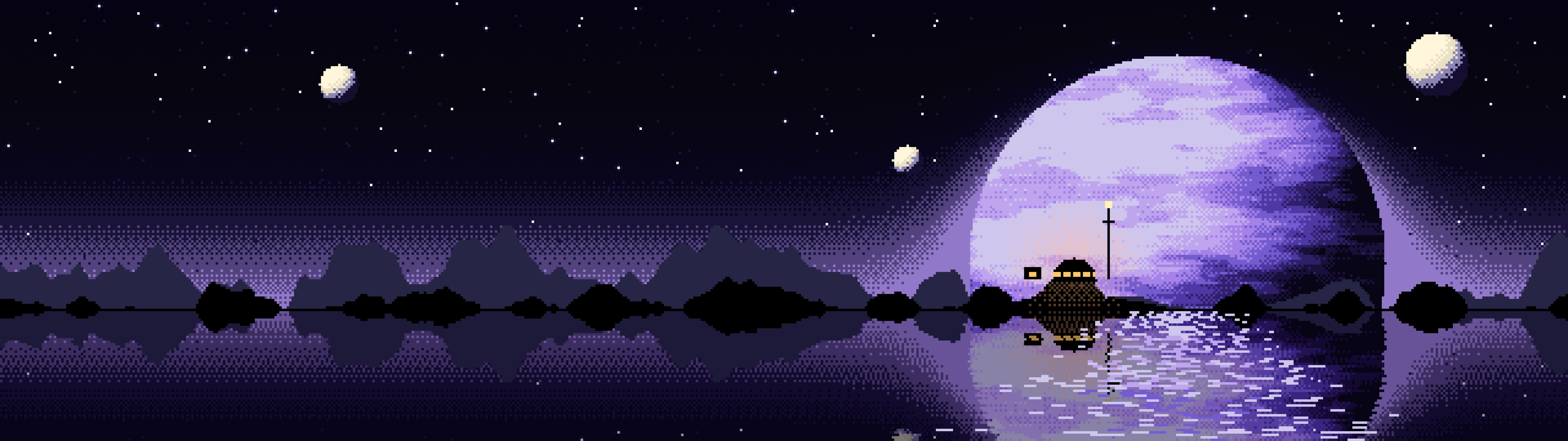 Black Pixel Art Planet Rise dual monitor wallpaper, 7680 × 2160