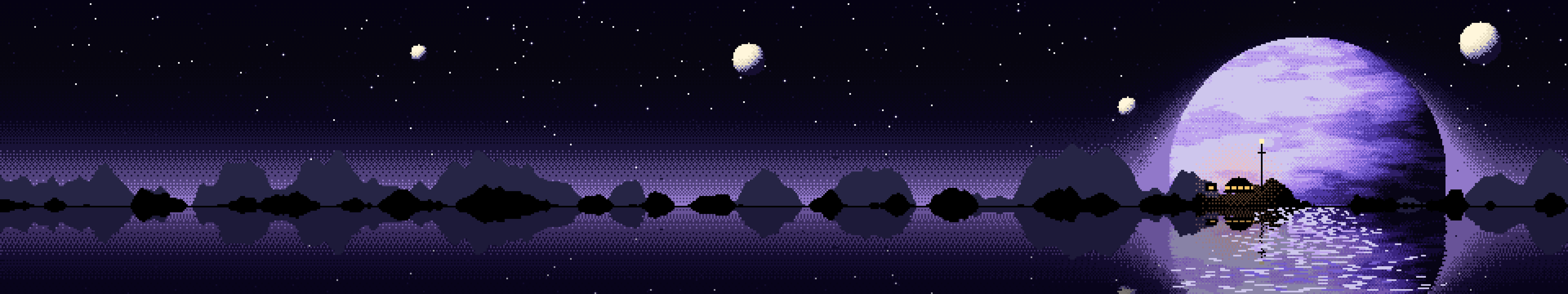 Black Pixel Art Planet Rise triple monitor wallpaper, 7680 × 1440