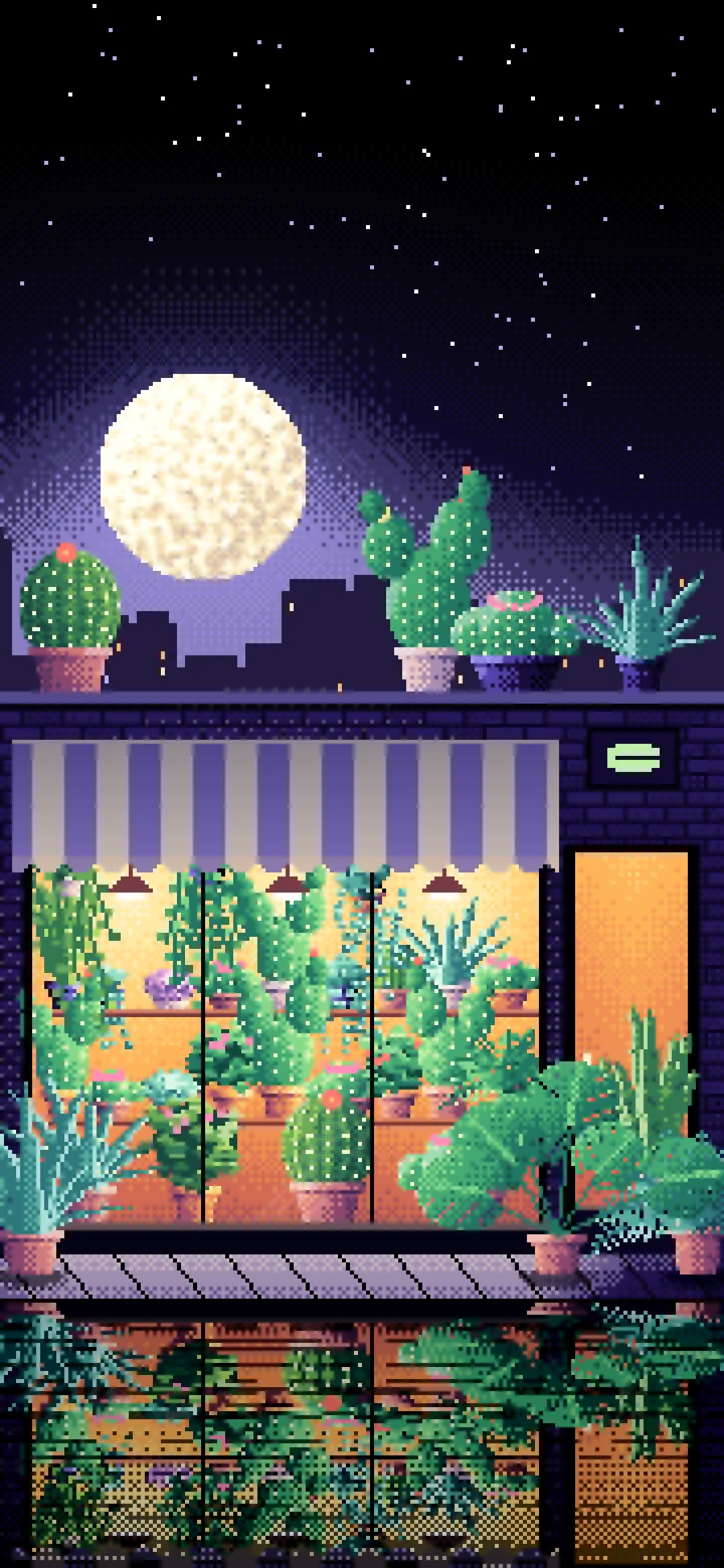 Black Pixel Art Plant Shop at Night wallpaper for iPhone and Android