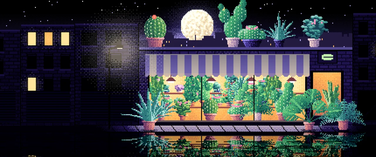 Black Pixel Art Plant Shop at Night ultrawide wallpaper, 3440 × 1440
