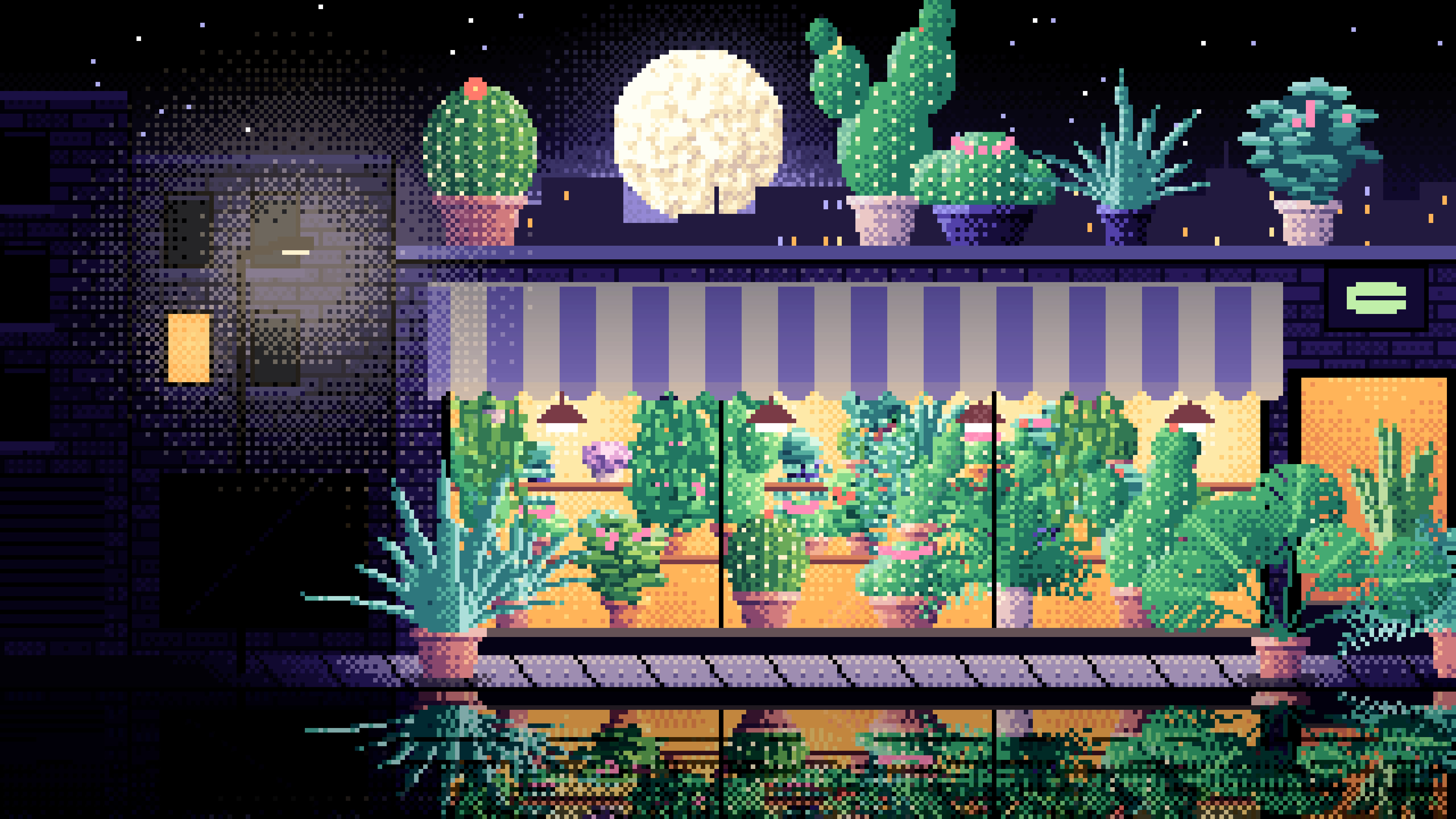 Black Pixel Art Plant Shop at Night desktop wallpaper in 4K