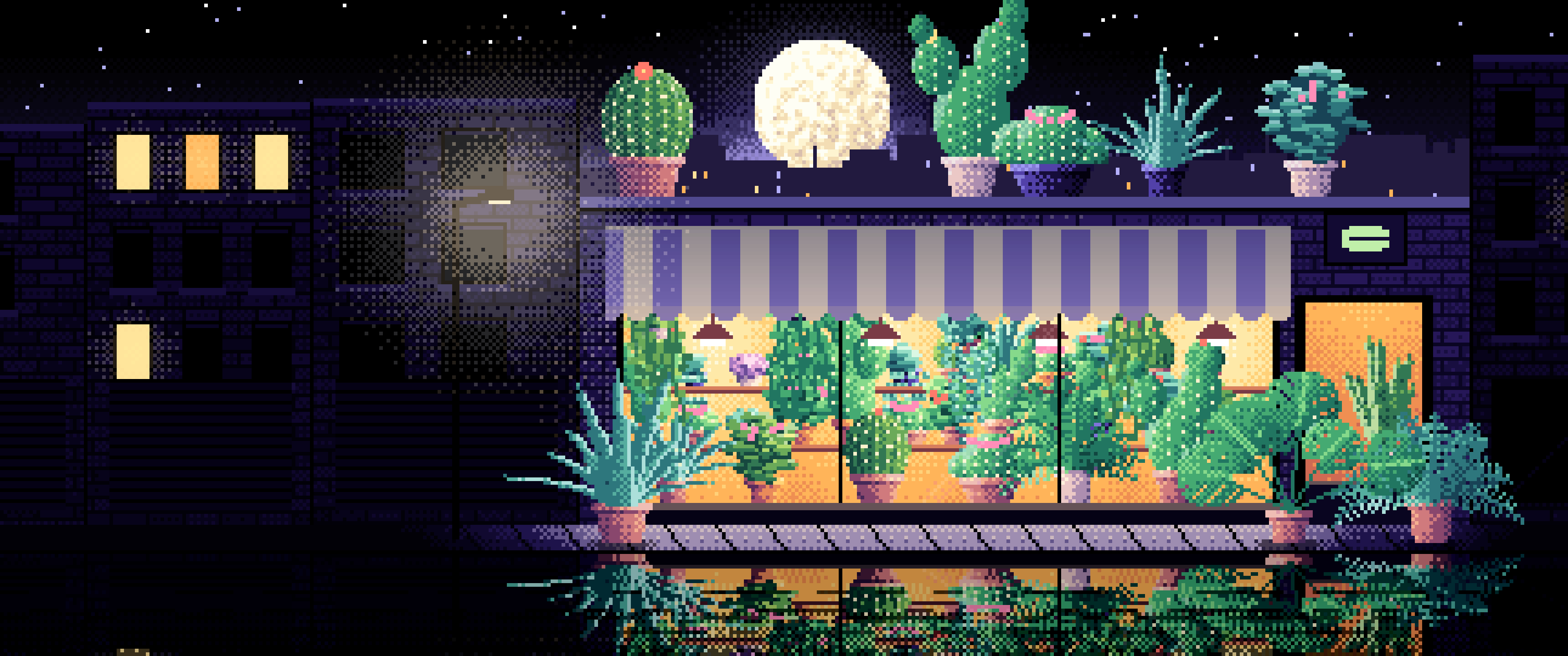 Black Pixel Art Plant Shop at Night ultrawide wallpaper, 3440 × 1440