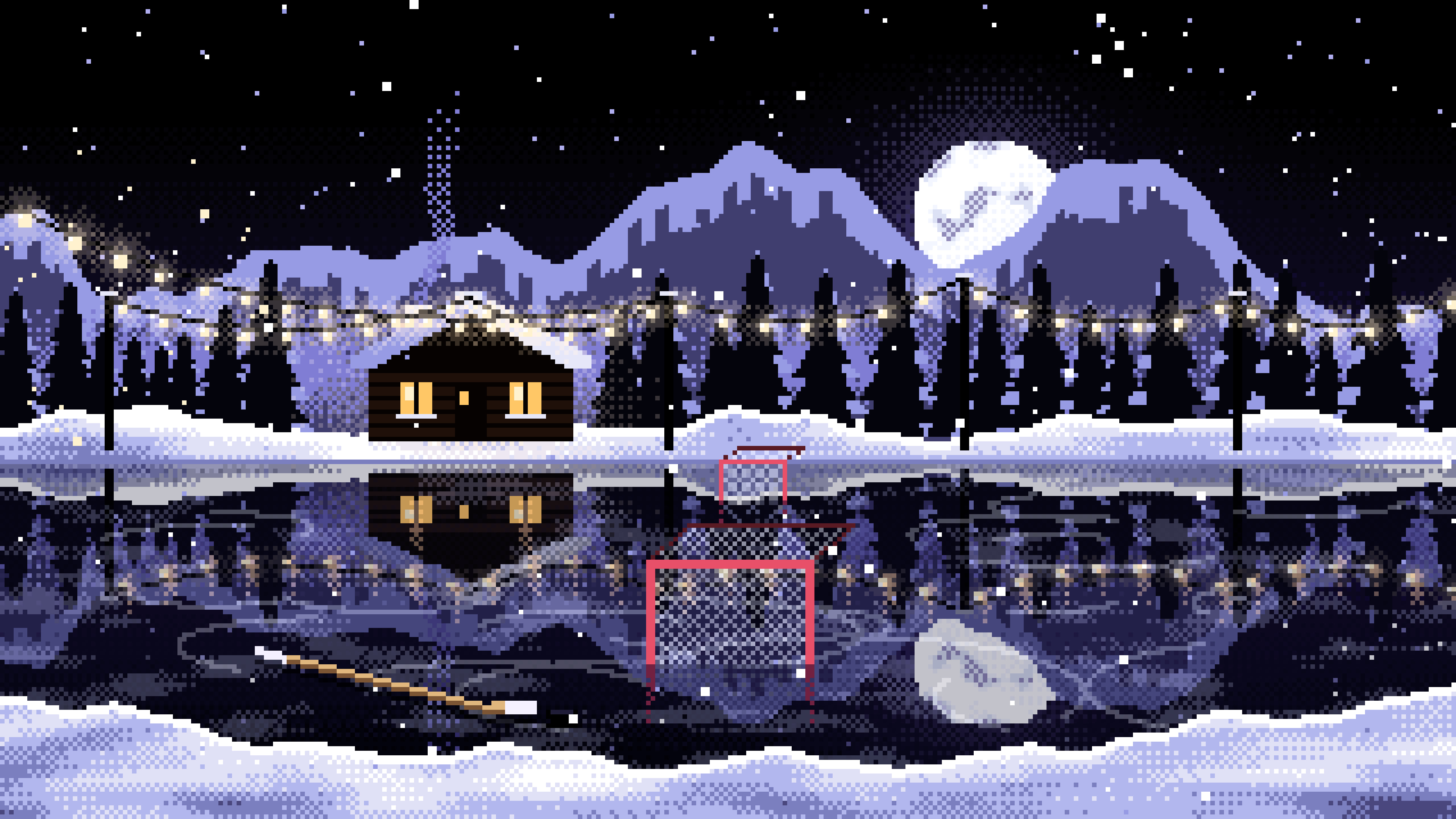Black Pixel Art Pond Hockey Rink desktop wallpaper in 4K