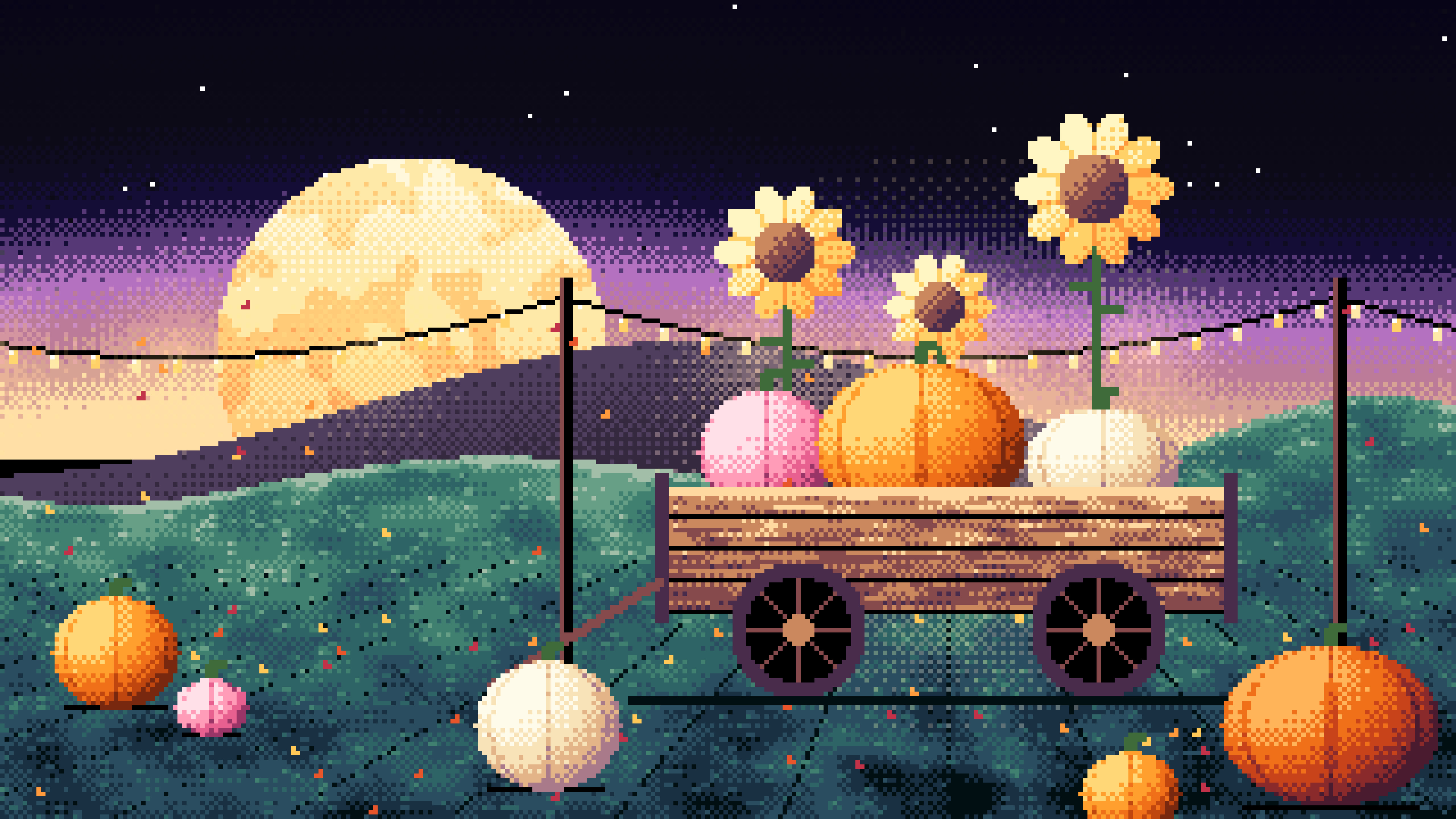 Black Pixel Art Pumpkin Cart desktop wallpaper in 4K