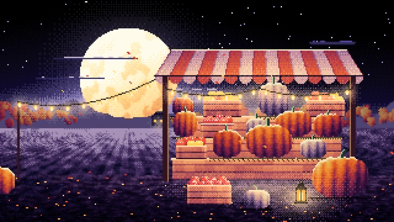 Black Pixel Art Pumpkin Farm Stand under a Harvest Moon desktop wallpaper in 4K
