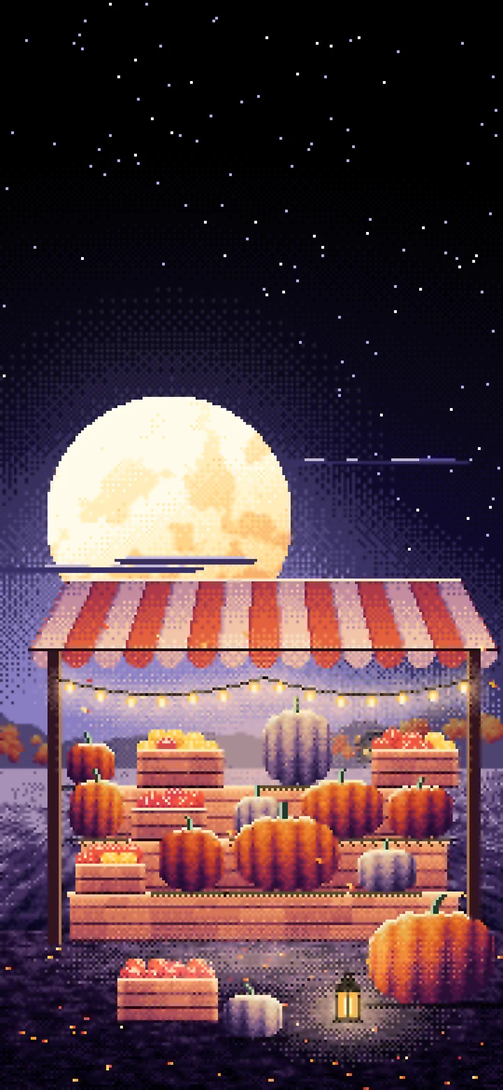 Black Pixel Art Pumpkin Farm Stand under a Harvest Moon wallpaper for iPhone and Android