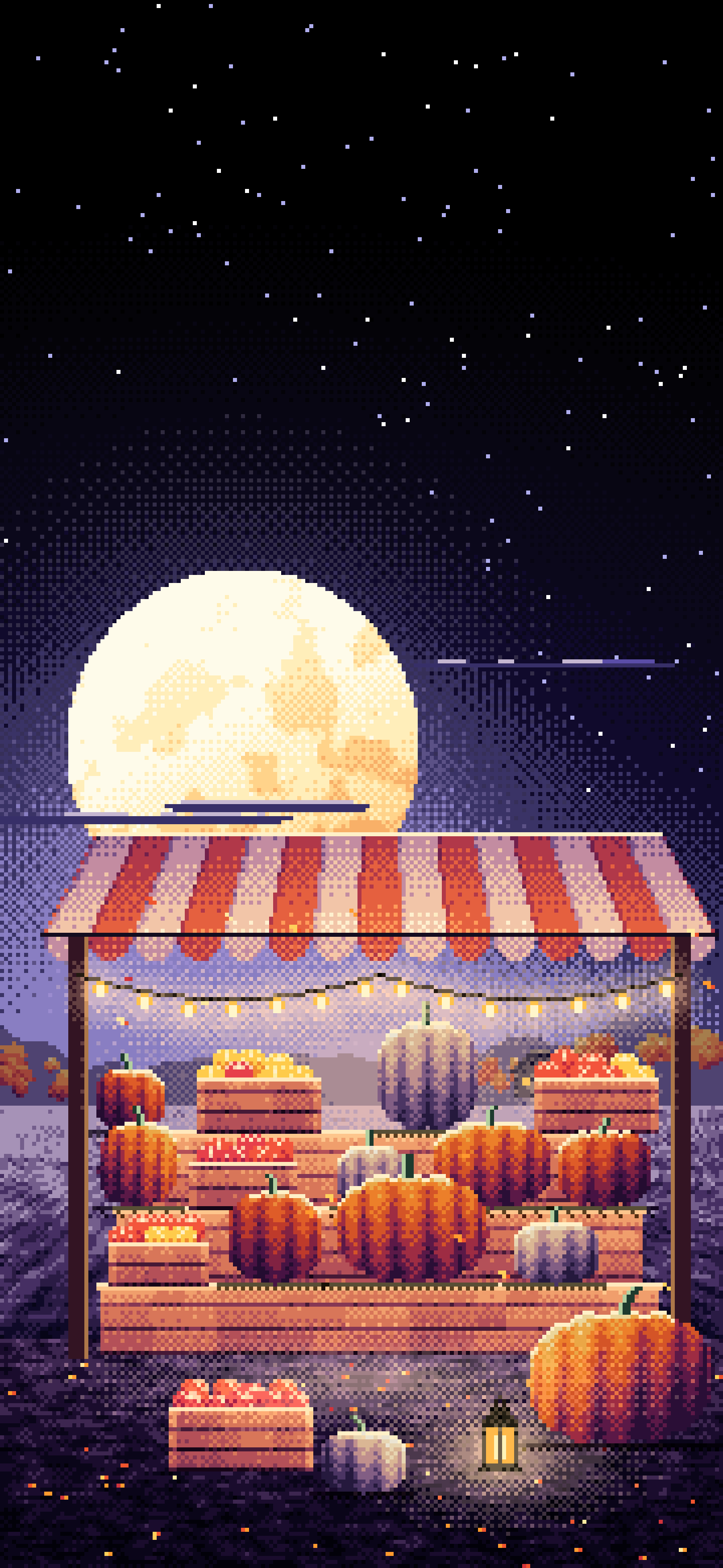 Black Pixel Art Pumpkin Farm Stand under a Harvest Moon wallpaper for iPhone and Android