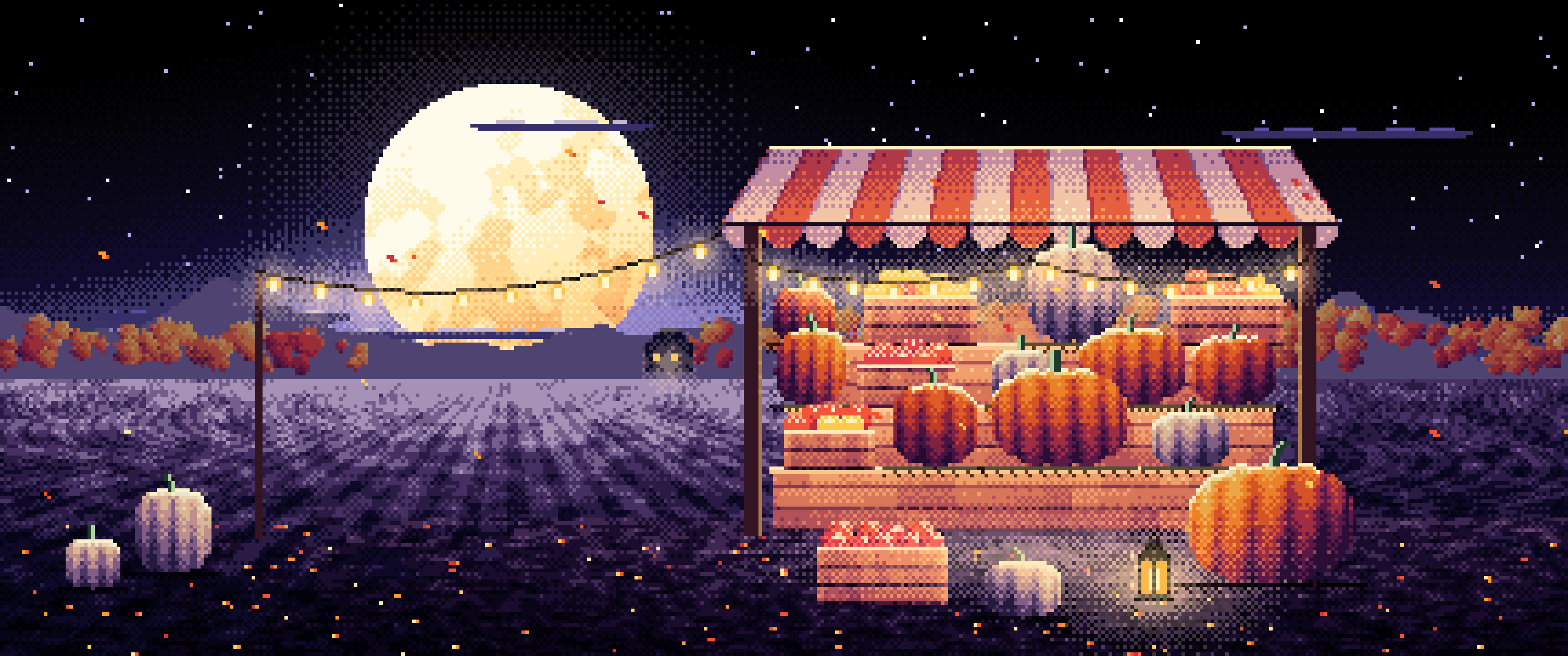 Black Pixel Art Pumpkin Farm Stand under a Harvest Moon ultrawide wallpaper, 3440 × 1440