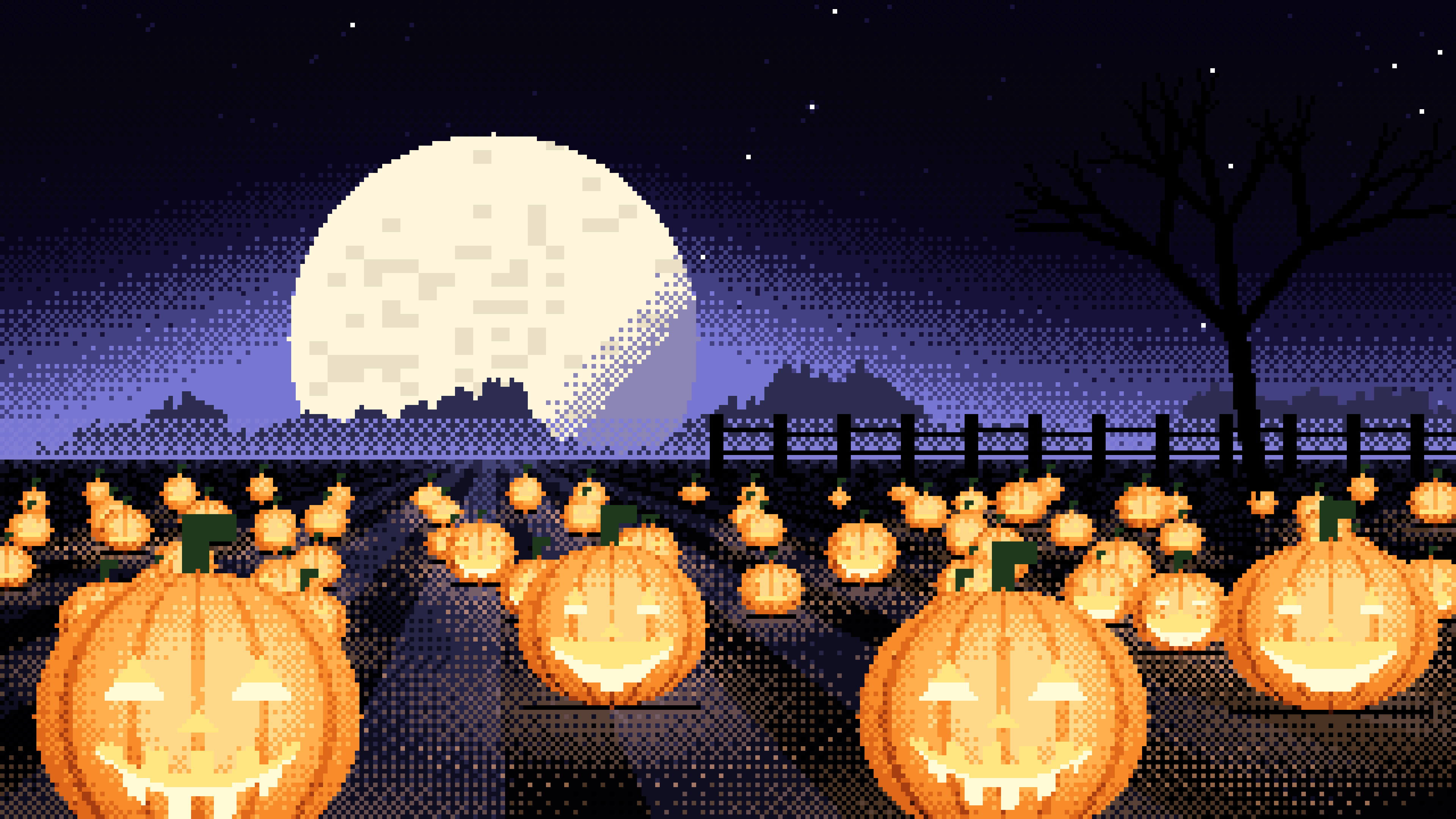 Black Pixel Art Pumpkin Patch desktop wallpaper in 4K
