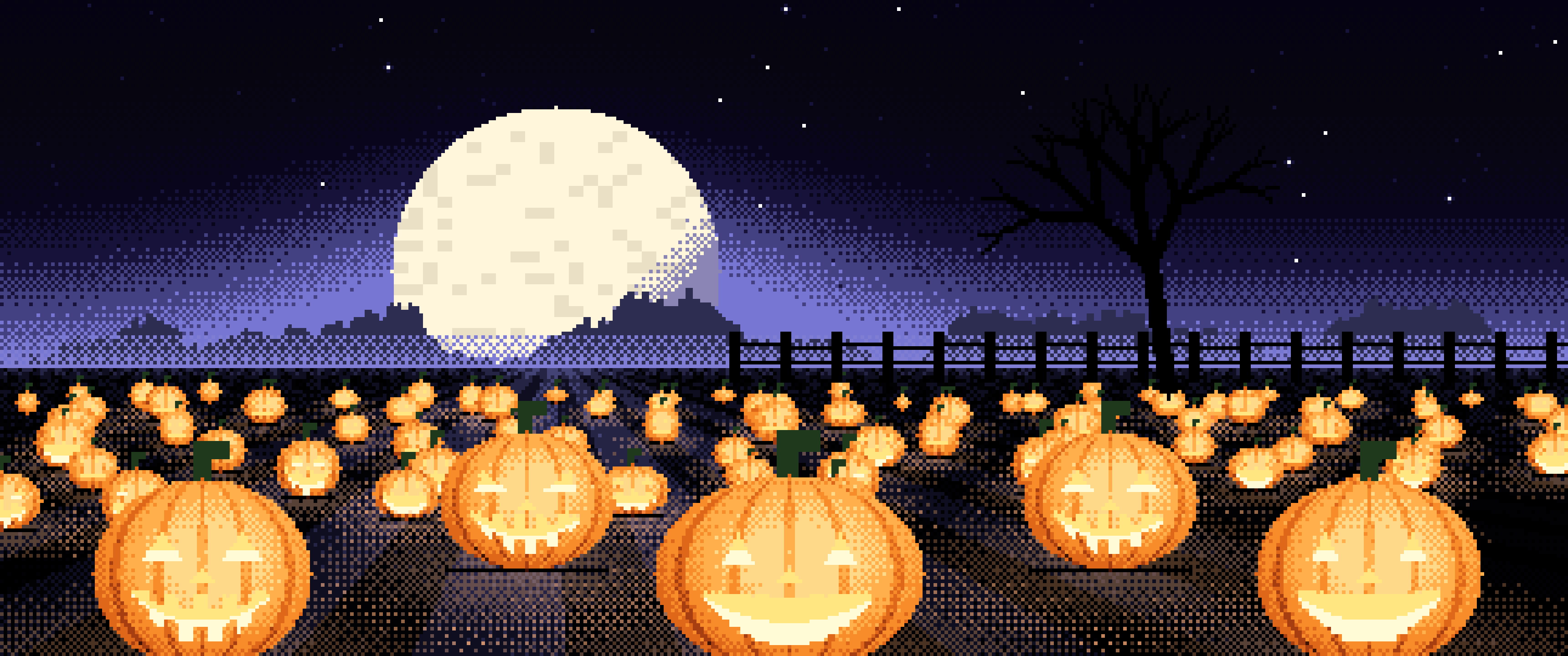 Black Pixel Art Pumpkin Patch ultrawide wallpaper, 3440 × 1440
