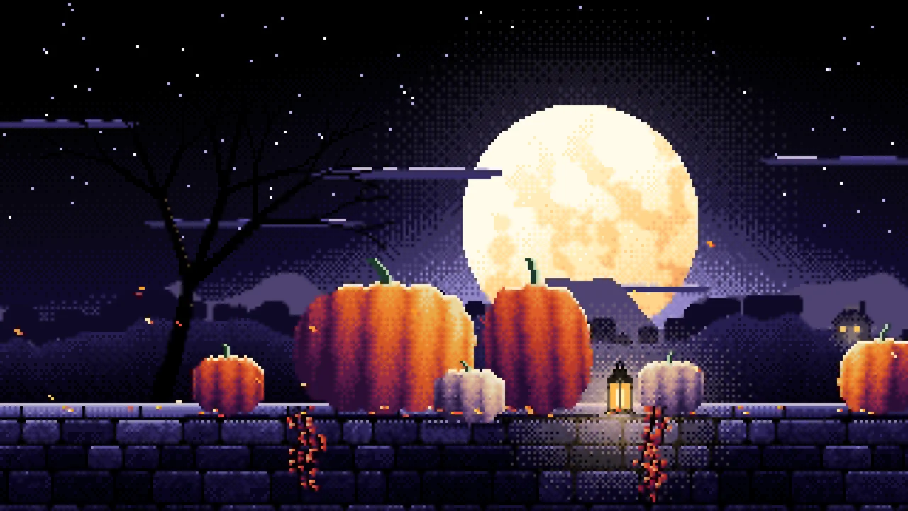 Black Pixel Art Pumpkins and Harvest Moon desktop wallpaper in 4K