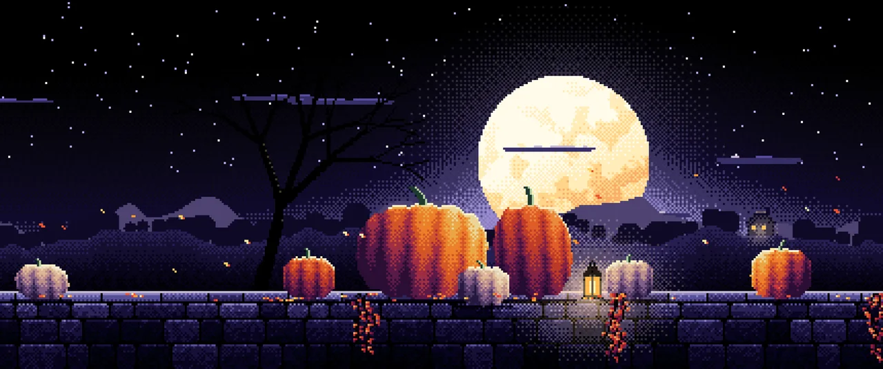 Black Pixel Art Pumpkins and Harvest Moon ultrawide wallpaper, 3440 × 1440