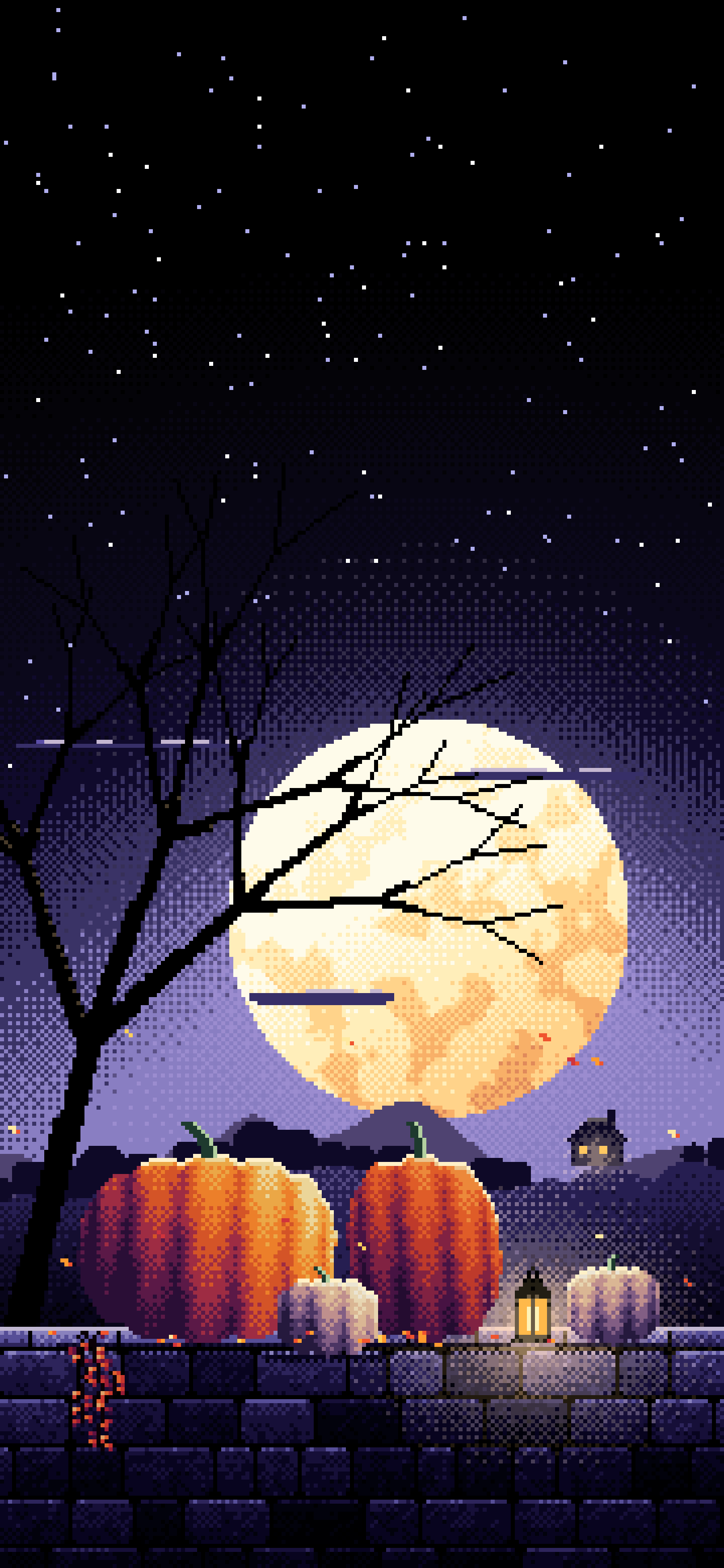 Black Pixel Art Pumpkins and Harvest Moon wallpaper for iPhone and Android