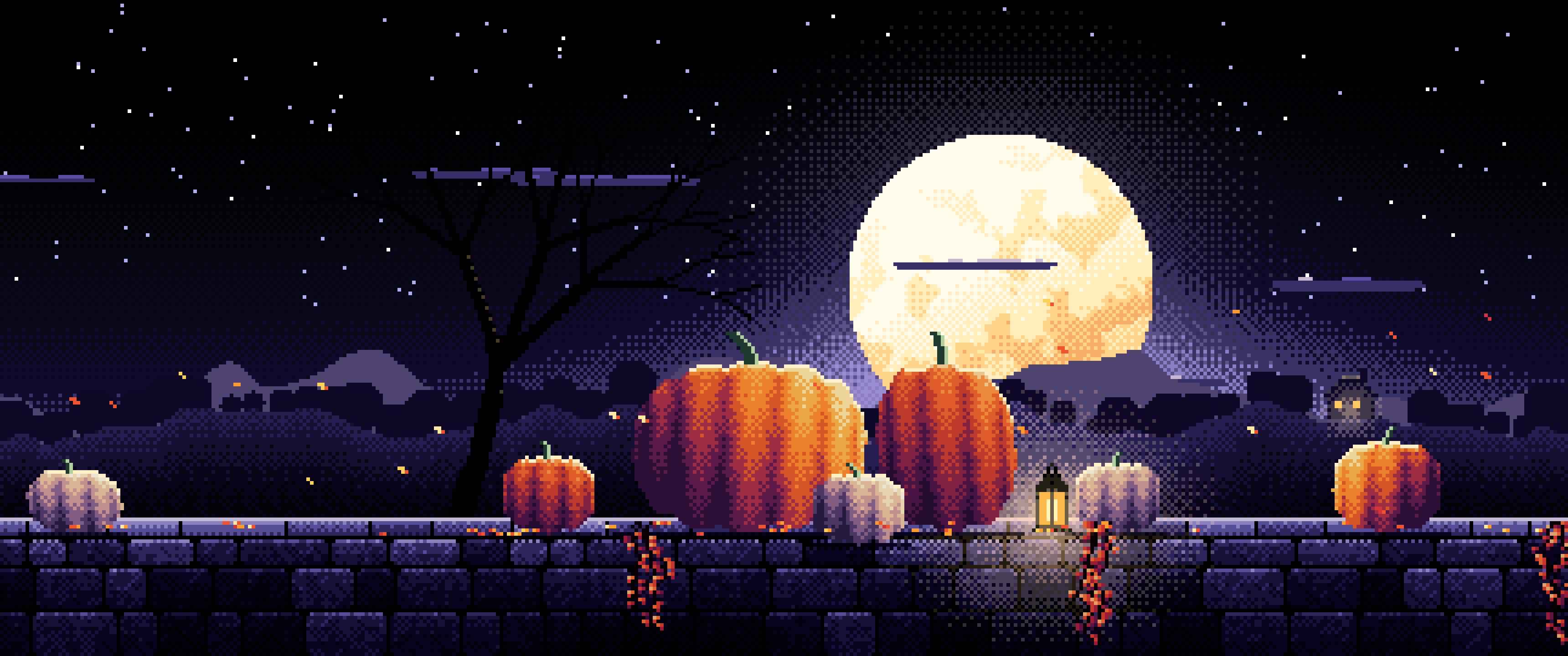 Black Pixel Art Pumpkins and Harvest Moon ultrawide wallpaper, 3440 × 1440
