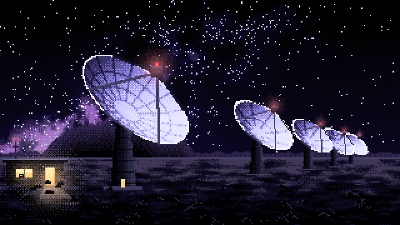 Black Pixel Art Radio Telescopes Under the Milky Way desktop wallpaper in 4K