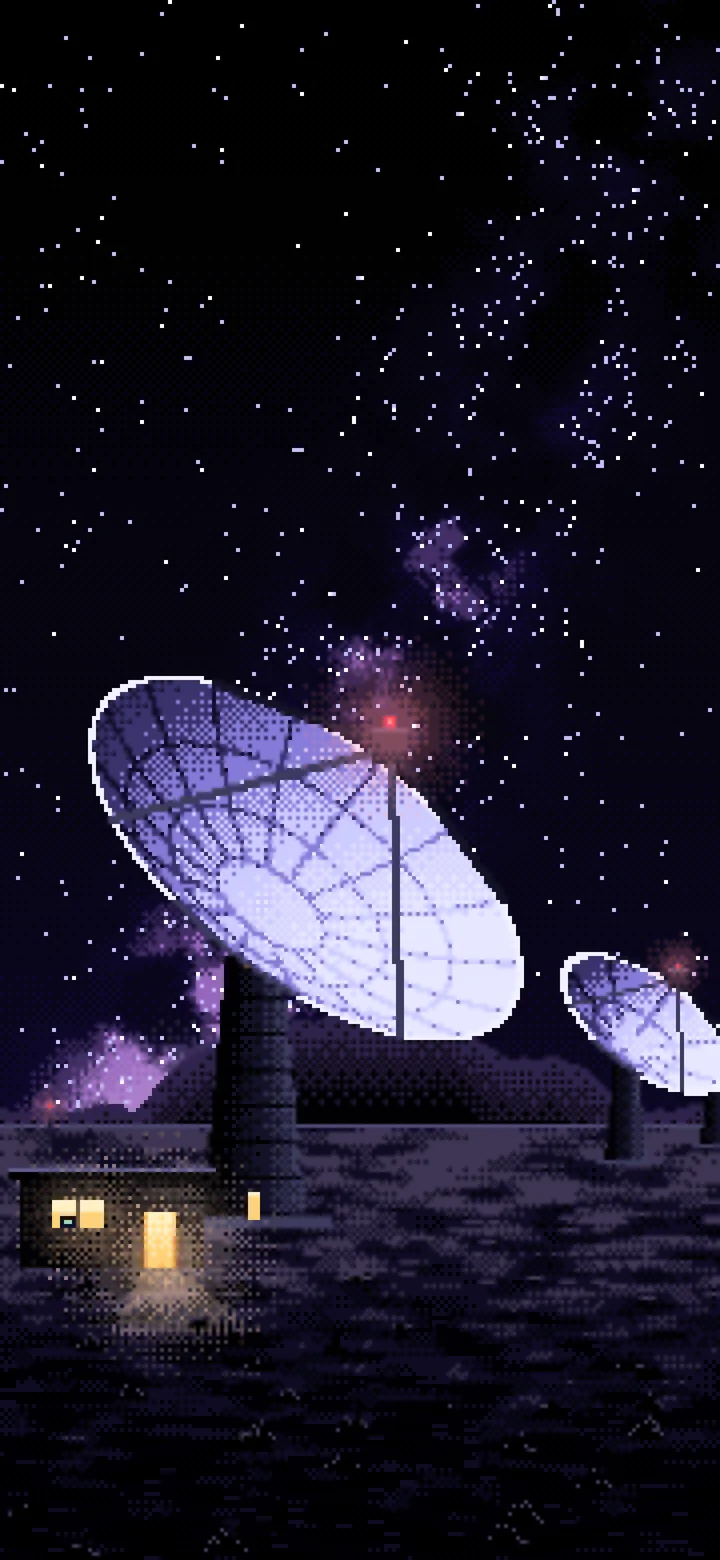 Black Pixel Art Radio Telescopes Under the Milky Way wallpaper for iPhone and Android