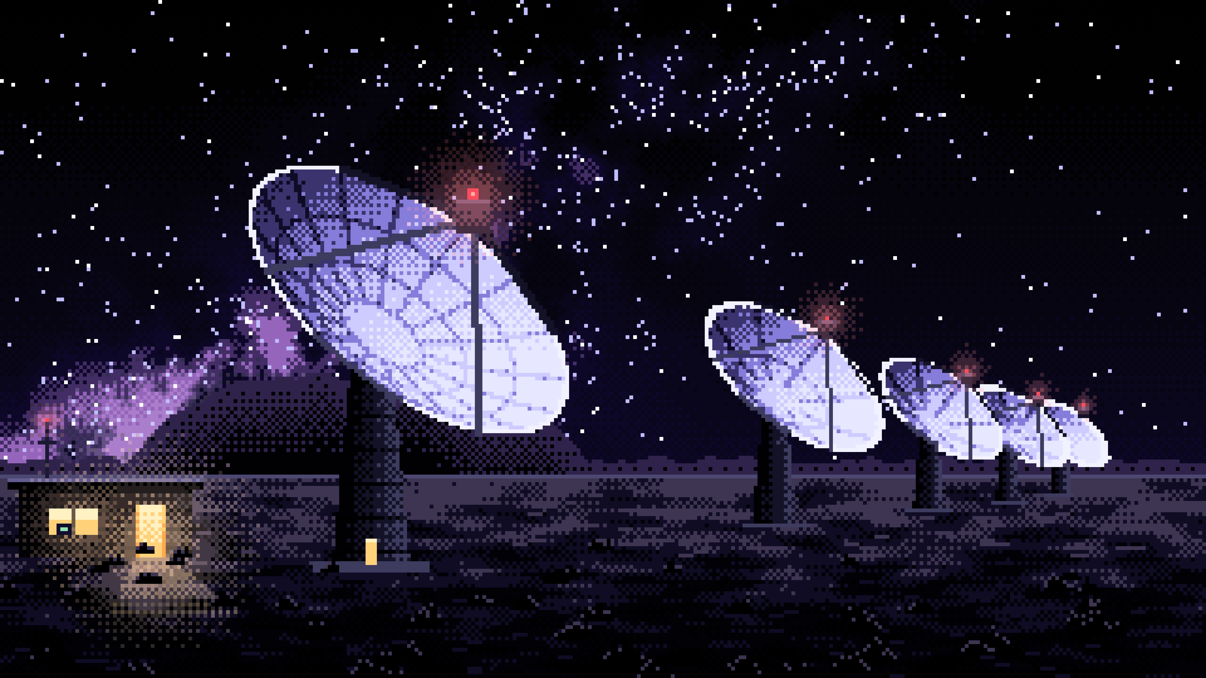 Black Pixel Art Radio Telescopes Under the Milky Way desktop wallpaper in 4K