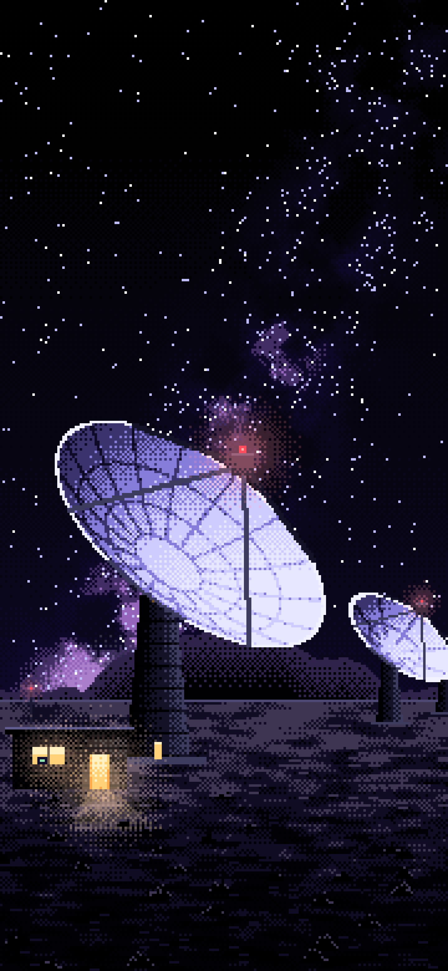 Black Pixel Art Radio Telescopes Under the Milky Way wallpaper for iPhone and Android