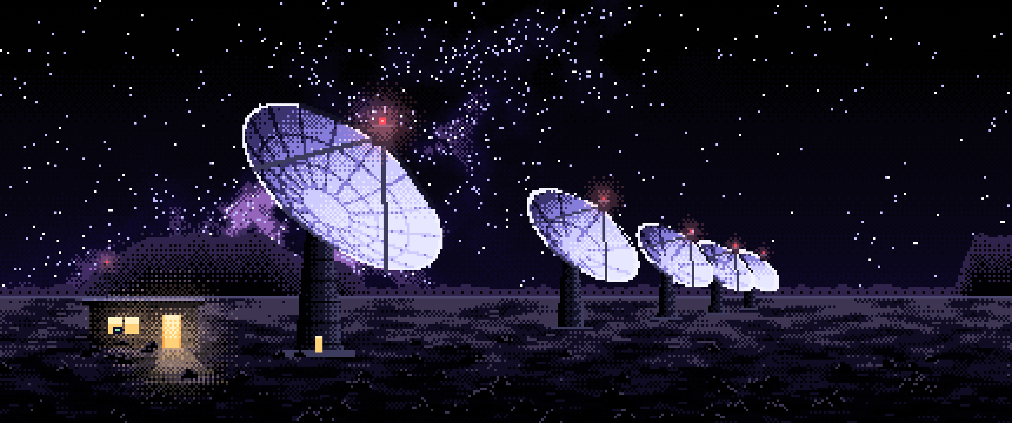 Black Pixel Art Radio Telescopes Under the Milky Way ultrawide wallpaper, 3440 × 1440