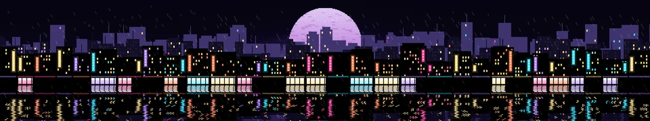 Black Pixel Art Rainy City triple monitor wallpaper, 7680 × 1440