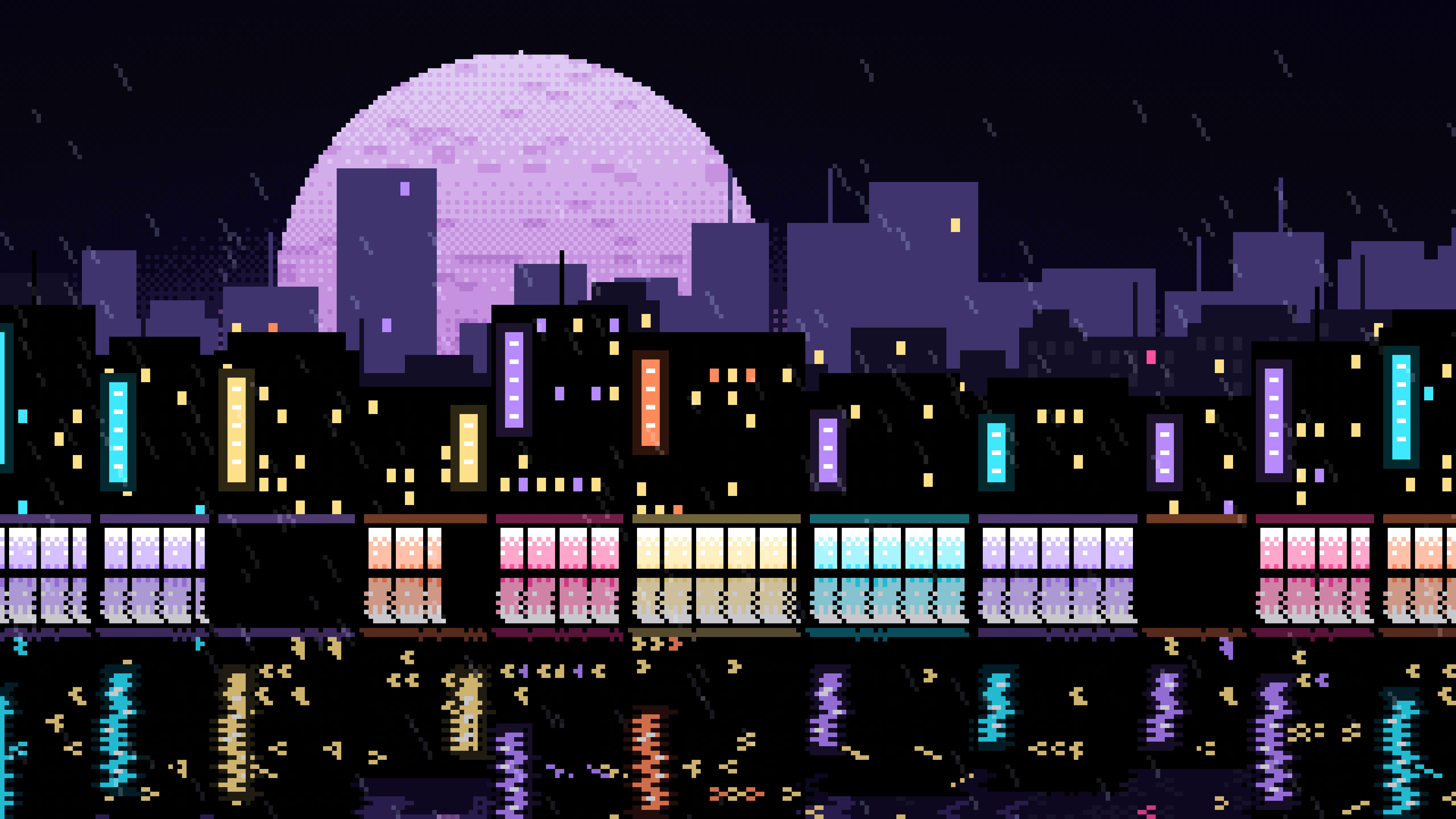 Black Pixel Art Rainy City desktop wallpaper in 4K