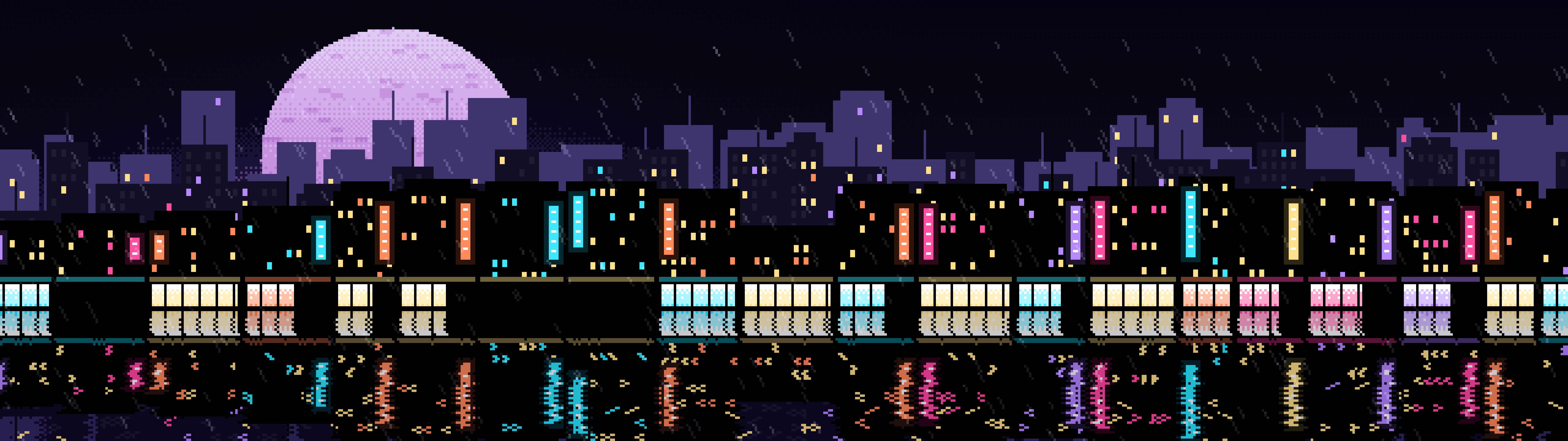 Black Pixel Art Rainy City dual monitor wallpaper, 7680 × 2160