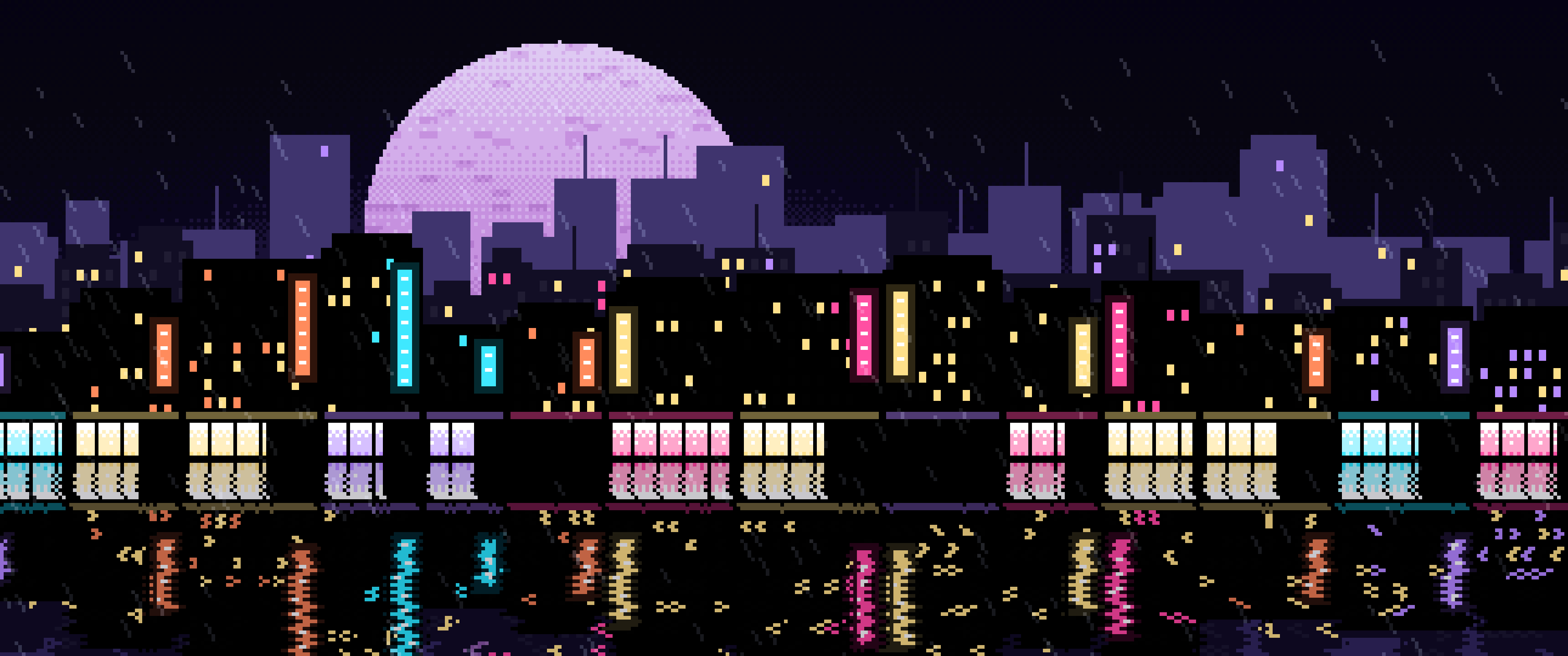 Black Pixel Art Rainy City ultrawide wallpaper, 3440 × 1440