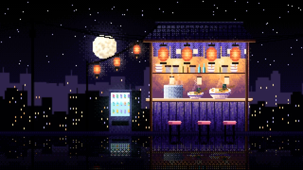 Black Pixel Art Ramen Stall at Night desktop wallpaper in 4K