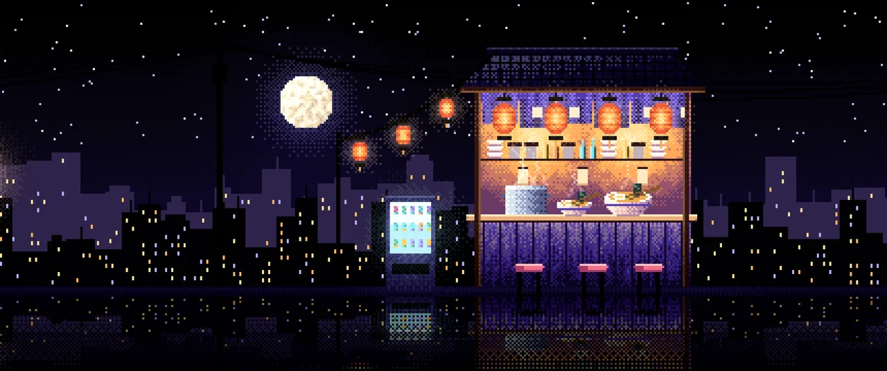 Black Pixel Art Ramen Stall at Night ultrawide wallpaper, 3440 × 1440