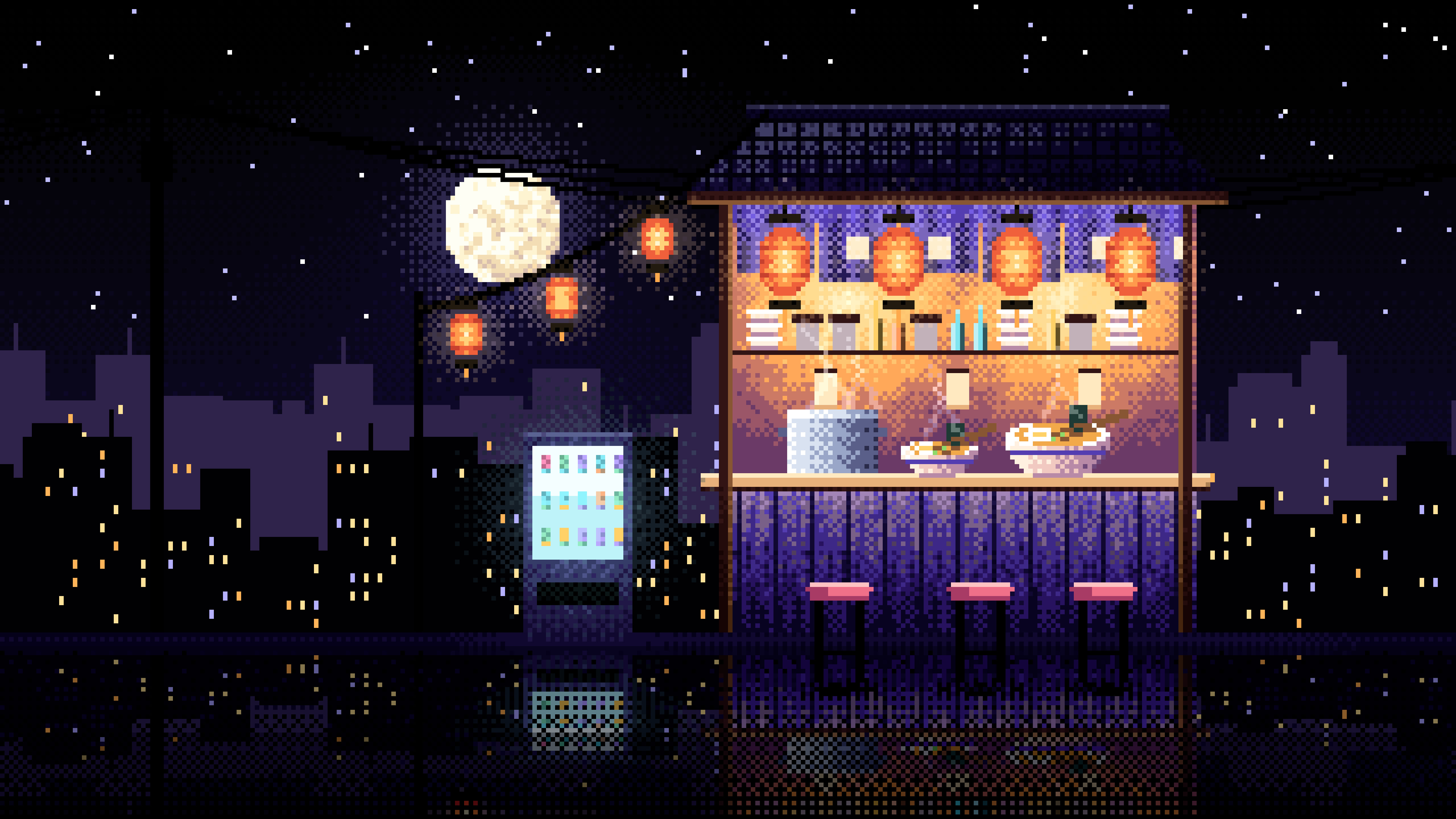 Black Pixel Art Ramen Stall at Night desktop wallpaper in 4K