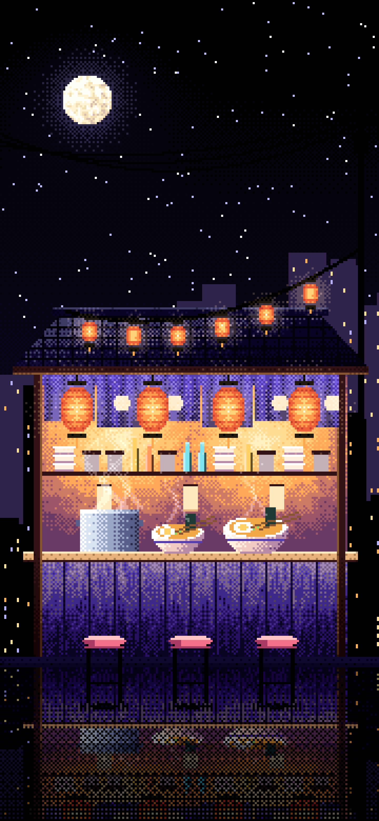 Black Pixel Art Ramen Stall at Night wallpaper for iPhone and Android