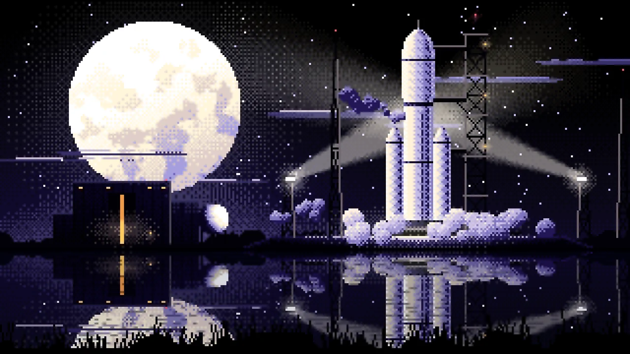 Black Pixel Art Rocket on the Launch Pad at Night desktop wallpaper in 4K