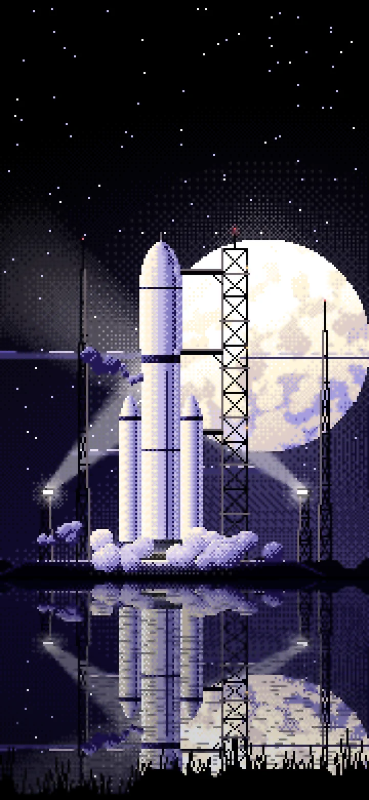 Black Pixel Art Rocket on the Launch Pad at Night wallpaper for iPhone and Android
