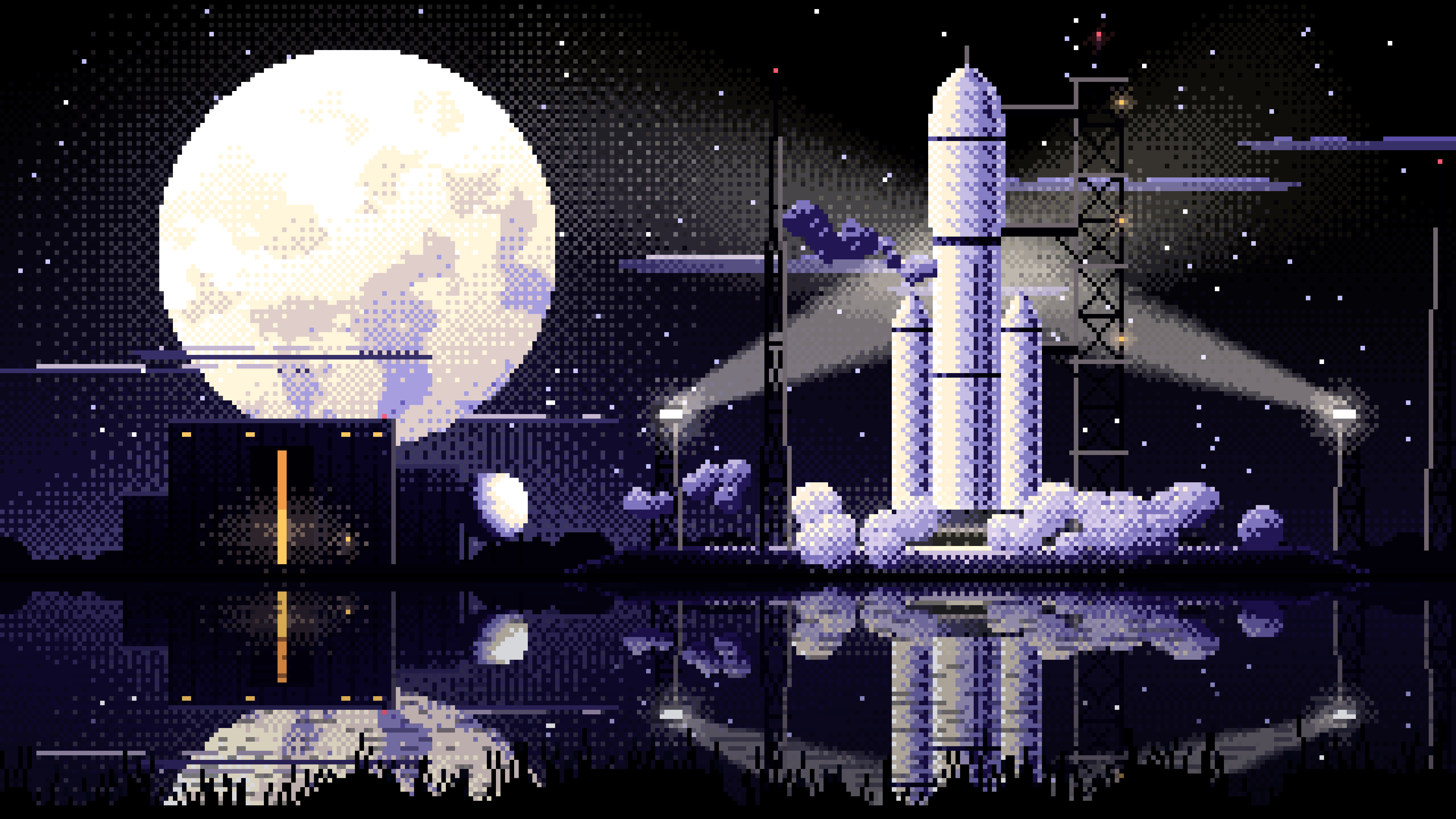 Black Pixel Art Rocket on the Launch Pad at Night desktop wallpaper in 4K
