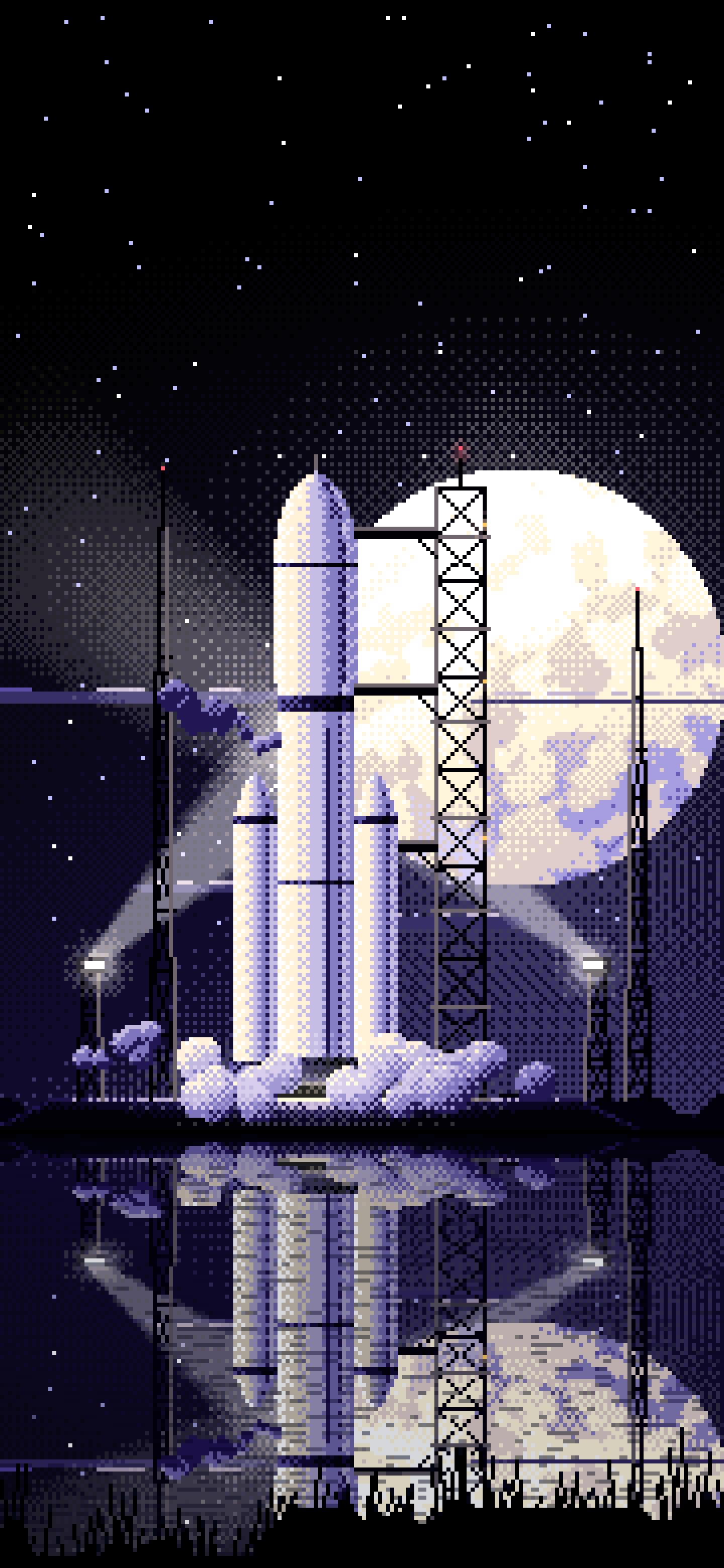 Black Pixel Art Rocket on the Launch Pad at Night wallpaper for iPhone and Android