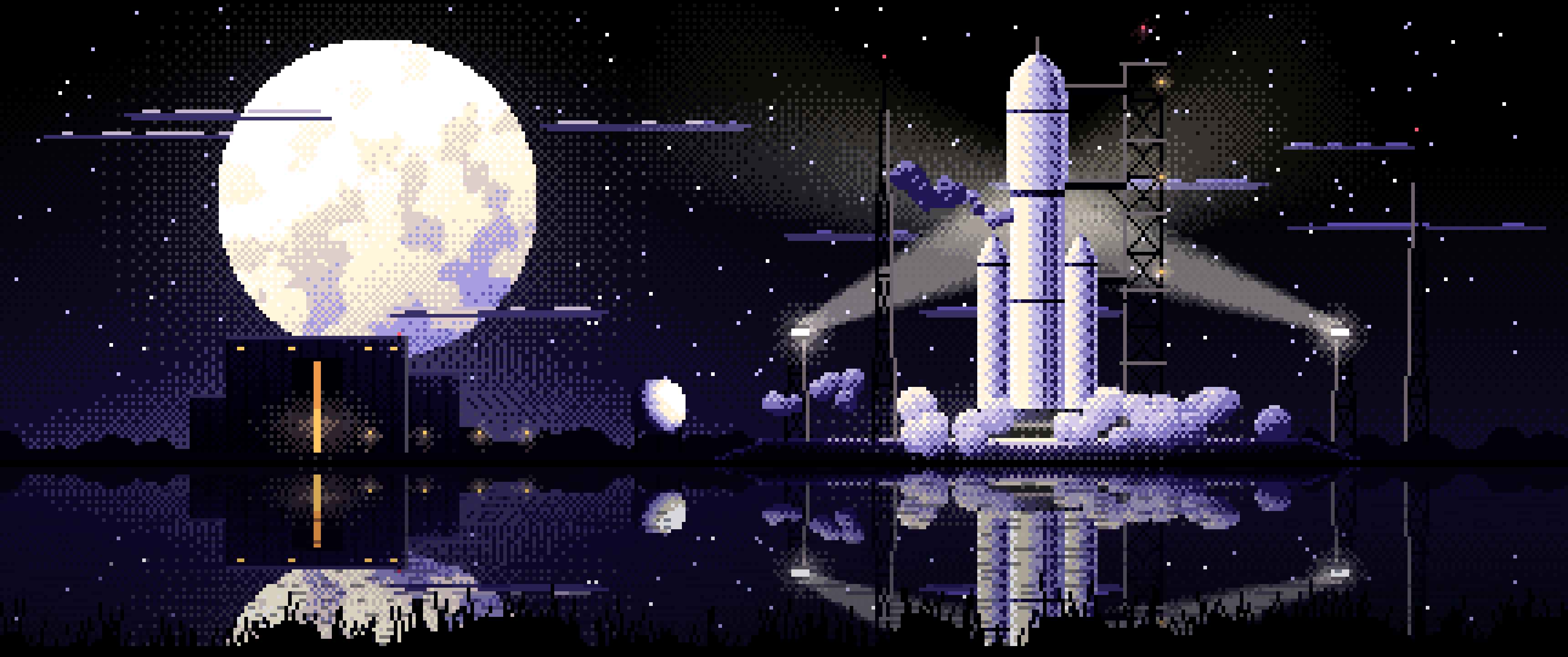 Black Pixel Art Rocket on the Launch Pad at Night ultrawide wallpaper, 3440 × 1440