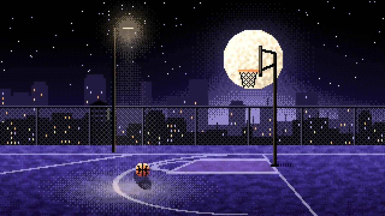 Black Pixel Art Rooftop Basketball Court desktop wallpaper in 4K