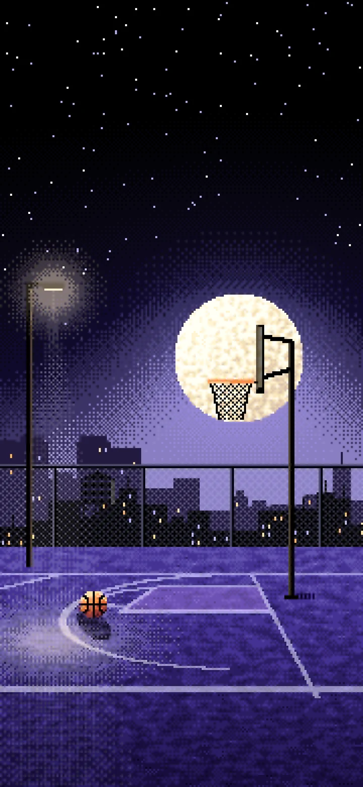 Black Pixel Art Rooftop Basketball Court wallpaper for iPhone and Android