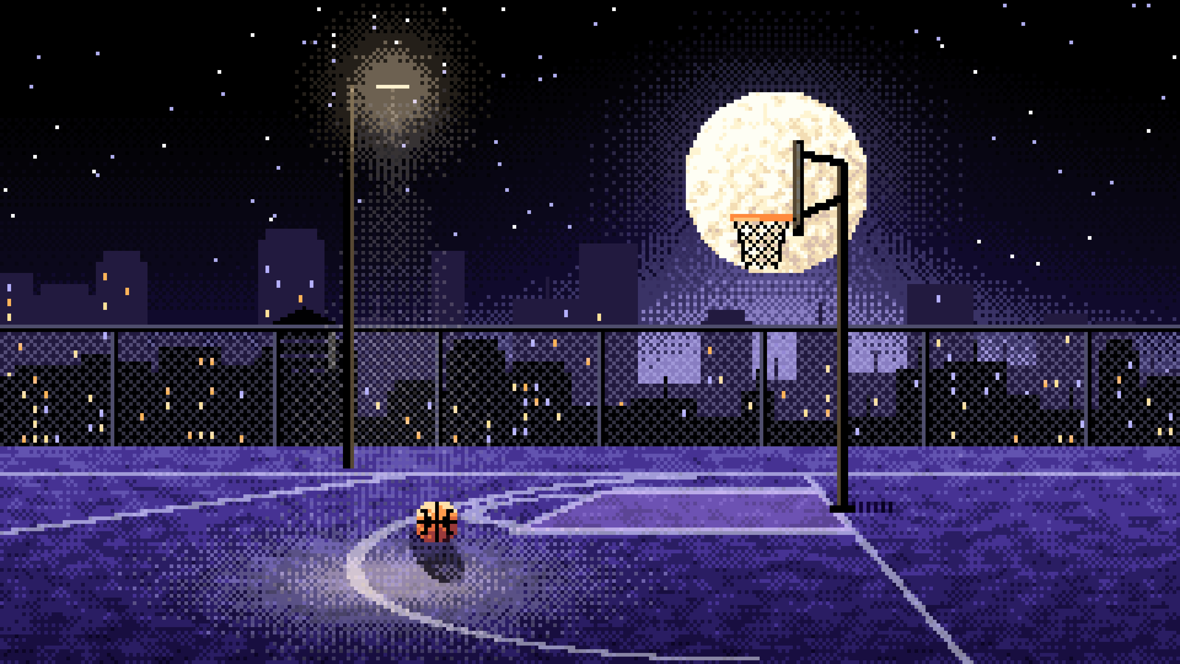 Black Pixel Art Rooftop Basketball Court desktop wallpaper in 4K