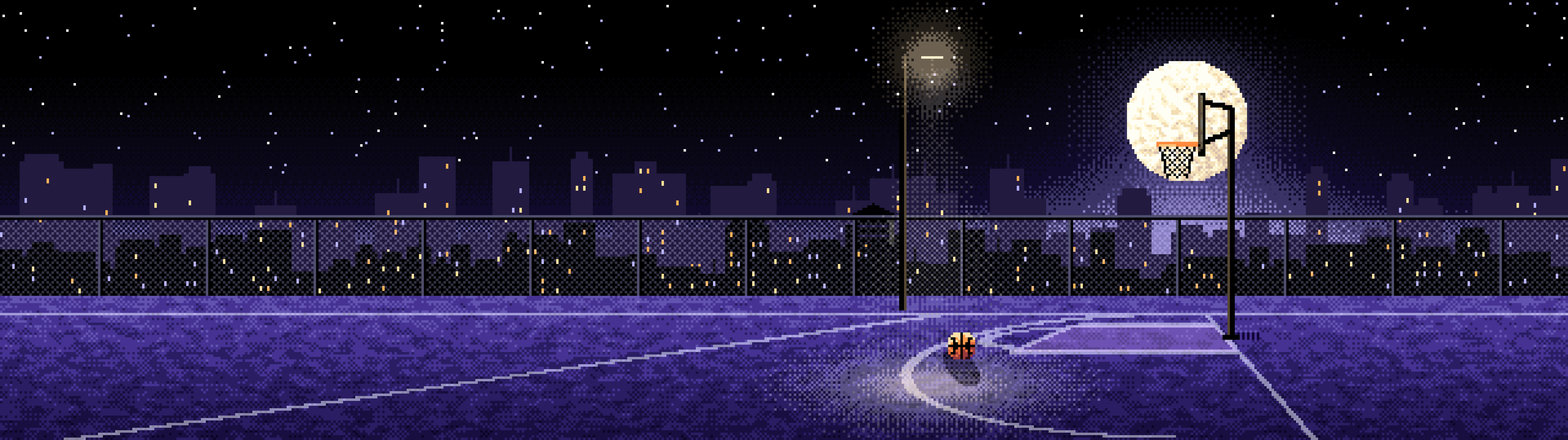 Black Pixel Art Rooftop Basketball Court dual monitor wallpaper, 7680 × 2160