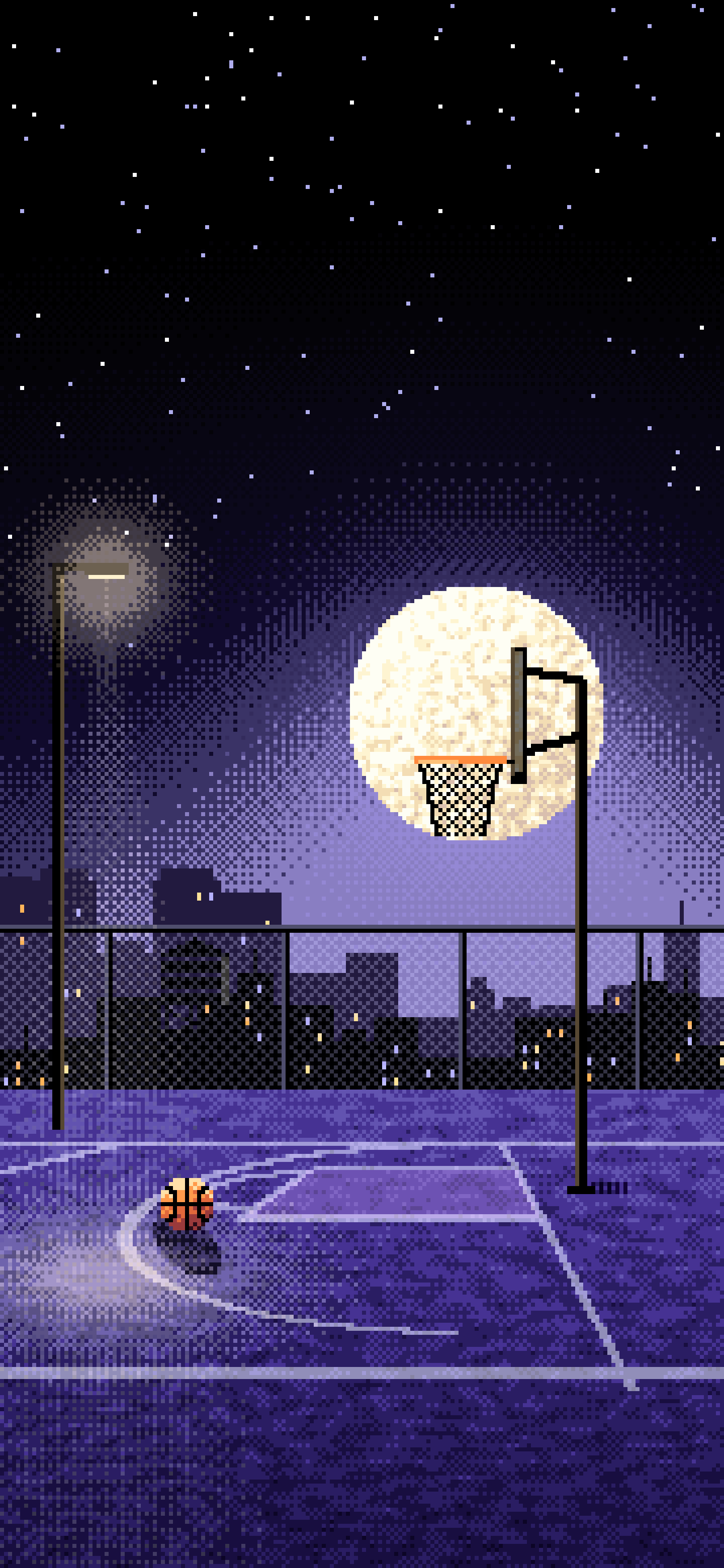 Black Pixel Art Rooftop Basketball Court wallpaper for iPhone and Android