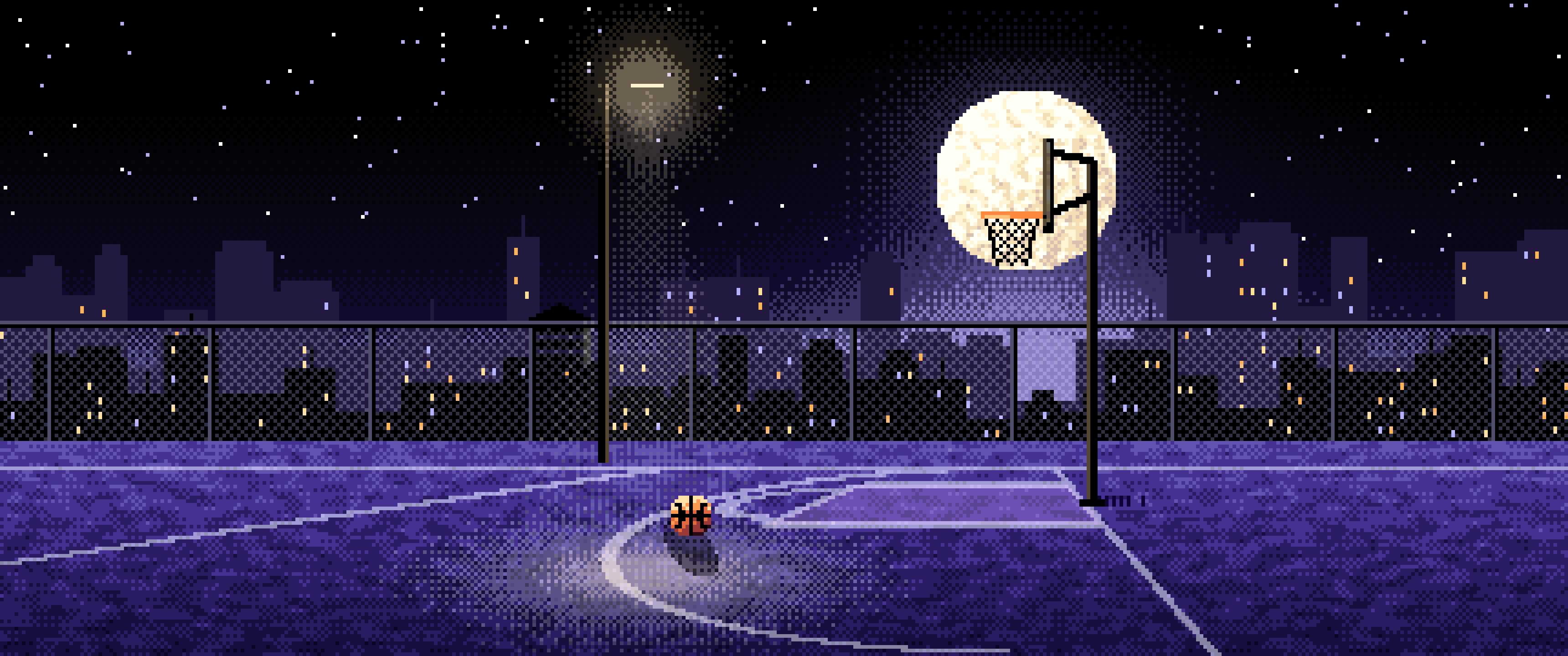 Black Pixel Art Rooftop Basketball Court ultrawide wallpaper, 3440 × 1440