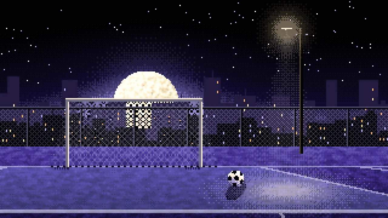 Black Pixel Art Rooftop Soccer Pitch desktop wallpaper in 4K